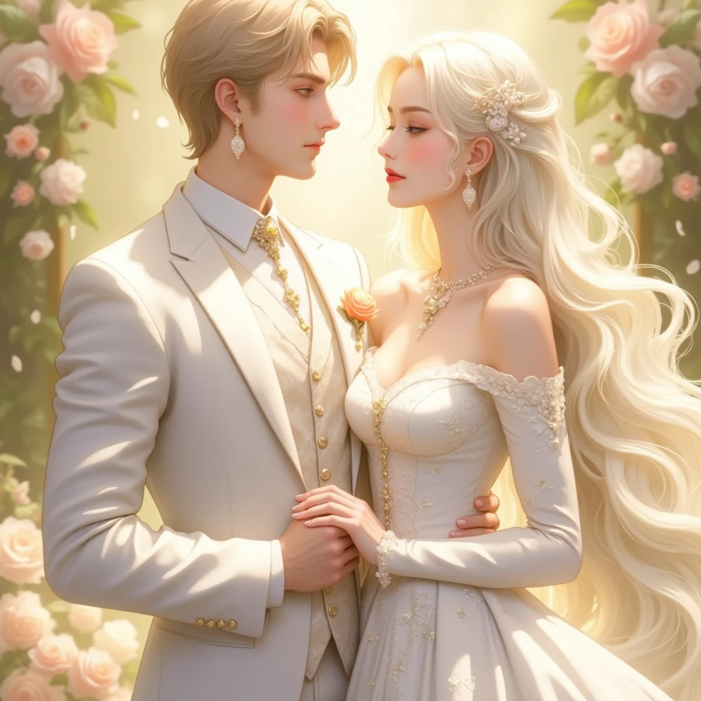(Best quality, masterpiece), two figures, a man and a woman, detailed, fine face, beautiful blonde and a handsome man, smile, joy, black skirt, red embellishment, man in white, smile, relax, dance pose, elegant, particles, wind, flower, upper body, simple background with gear elements, background is another world starry sky --v 6