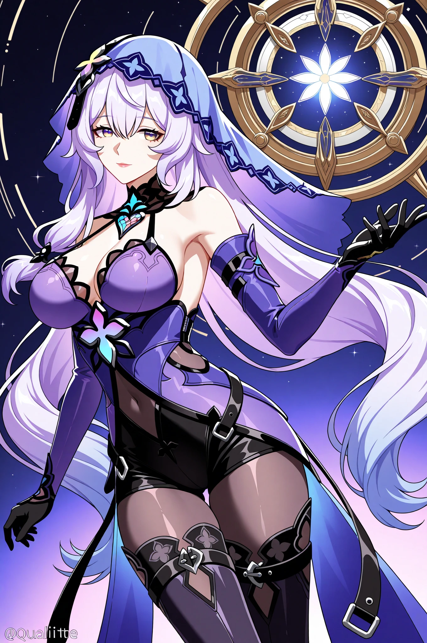 CG, unity, 8k, wallpaper, highest quality, masterpiece, beautiful woman, takane shijou, long white hair, white skin, Cleavage, cowboy shot, (smile: 1.2), (looking at the viewer), pinch the brim of a hat, (black pantyhose with diamond pattern: 1.5), BREAK, (purple leotard: 1.5), witch's tricorn hat, thighs, best lighting, complex pupils, complex textile, realistic skin texture, detailed background, (Spectacular starry sky with the Milky Way visible), nebula, night, (low angle: 1.5)