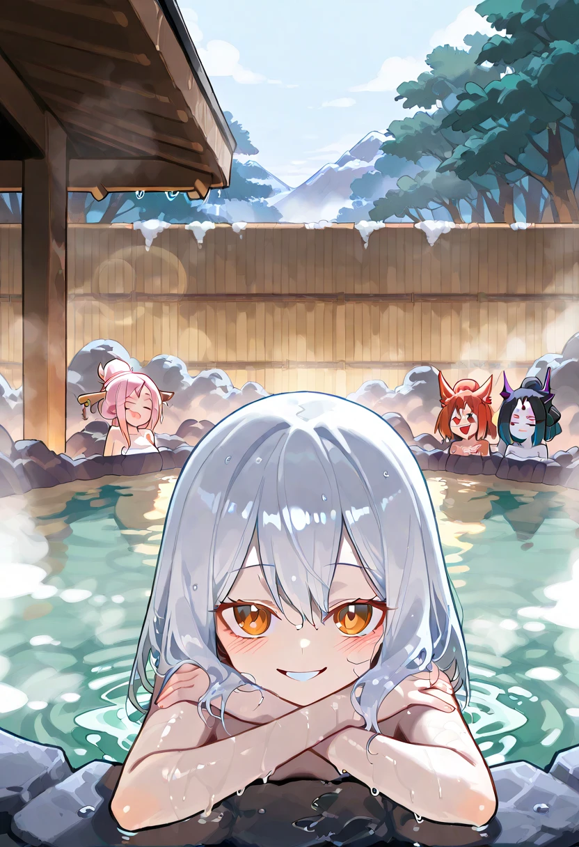 ((greatest masterpiece:1.3, ultimate quality:1.3, ultra-detailed:1.2)), (movie lighting), ((perfectly sensual)), super fine illustration, an extremely delicate and beautiful, 4K, 8K, 16K, UHD, 1 girl, big smile, ((bath towel)), Spotlight on Japanese hot springs, open-air bath, steam, deep at night, Super giant moon, Monts, snow scene, open-air bath, starry sky, multiple men and women,, style of anime