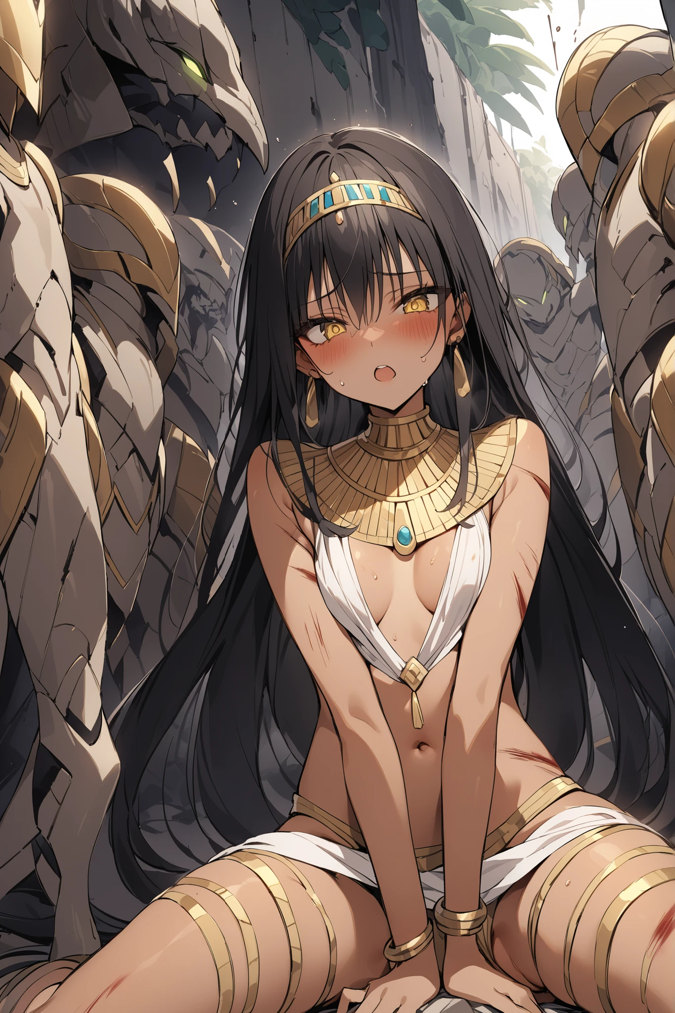 ((masterpiece,Highest Quality:1.2)),(soro),An ancient Egyptian princess with a slender figure and thin legs who is defeated and surrounded by many monsters on the dark battlefield、An ancient Egyptian princess with a slender figure and thin legs who sits powerlessly against a wall with her legs spread out on the ground,cowboy shot, healthy tan skin ,Injury to the whole body,sweat,black long hair,Perfect yellow eyes, tree eyes ,A hair accessory with luxurious gold ornaments,Ancient Egyptian costume with torn white undertones,Gold Earrings,is fainting