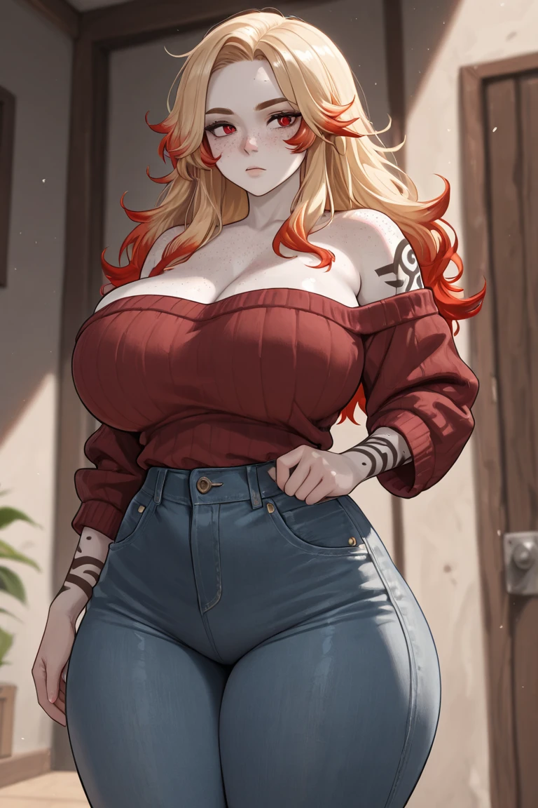 A tall sexy tough woman beautiful attractive big breast long wavy red hair her big red eye black eyelash pink lip she dresses red blouse tied knot shows navel sexy curve and her long gray pants red sneakers 
