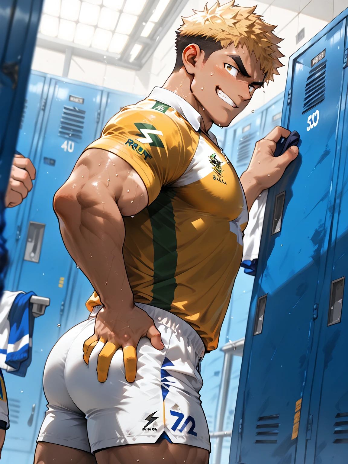horikoshi kouhei, absurdres, bakugou katsuki, blonde hair, boku no hero academia, chama kou, highres, looking away, male focus, muscular, red eyes, short hair, spiked hair, 8k quality, school, ( Bakugo_Katsuki, detailed eyes, detailed face, (((full body))), visible foot, barefoot, orgasm, typically with rolling or crossed eyes, protruding tongue, and slightly reddened face, to show enjoyment or ecstasy, (((legs raised all the way up and their ankles crossed behind their own head, showing off anal/ass))), red necktie, (((laying on the table))), (((crossed arms))), sandy blond hair, red eyes, ((light smile)), looking at viewer, embarrassed, blush, (((crossed arms))), looking from up, showing off muscles, masterpiece, best quality, male focus, upper body, handsome, male, gay, smooth and sharp focus, Wet body, (((XXL up penis semen dripping))), (((emphasizing the extraordinary size of huge pregnant belly))).