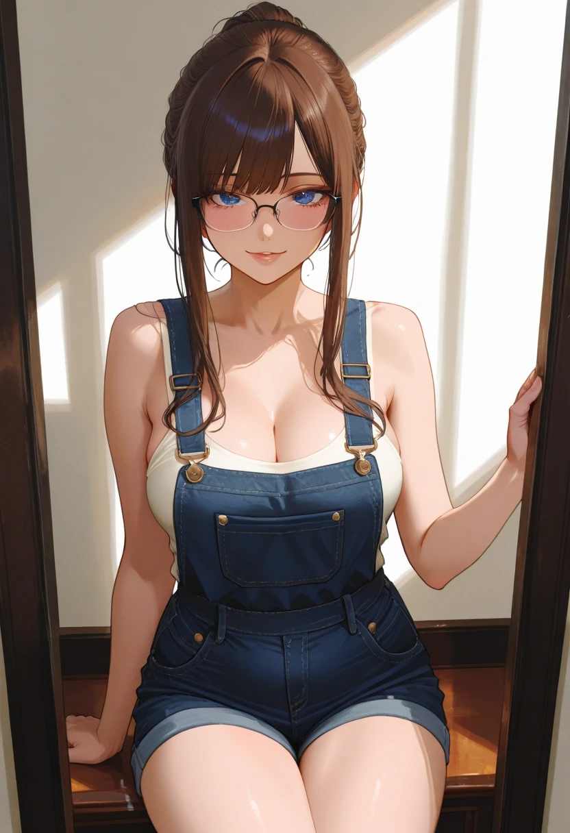 1girl,18yo,perfect hands, perfect finger,perfect anatomy, masterpiece, best quality,realistic, hyperrealistic, 16k hdr,, aamii, short hair, black hair, blue eyes, glasses,(naked), (overalls:1.3),outdoor,school,standing,(sweat:1.2),(happy smile),large breasts,upper body,(from side:1.2),looking at viewer,(leaning forward:1.3),necklace,sexy pose