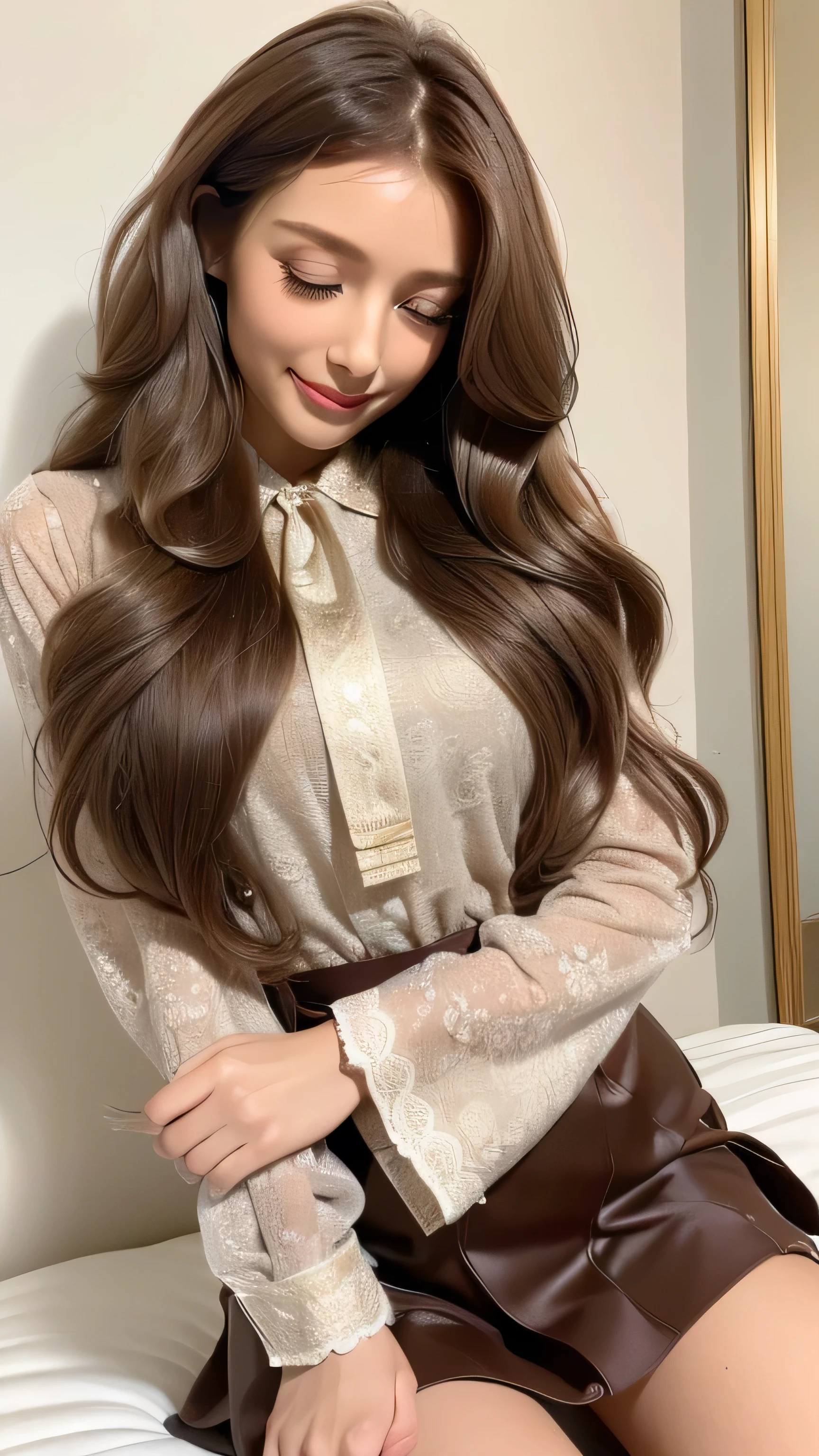 (masterpiece:1.3), high resolution, ultra detailed, extremely detailed CG unity 8k wallpaper, realistic, photo-realistic, RAW photo, beautiful detailed face, pale skin, realistic glistening skin, detailed cloth texture, detailed hair texture, Perfect body, Beautiful Face, accurate, Anatomically correct, Highly detailed face and skin texture, natural neck length, (beautiful hands), (fair skin:1.2), Thin legs, Thin feet, Detailed eyes, symmetric eyes, Light Brown eyes, Double eyelids, Thin eyebrows, (Glossy lips:1.4), ((gently smile:1.2)), (blush:1.1), (A Classy and Cute girl:1.3),fullbody shot、((full figure supermodel standing, entire body in frame))((Super long brown hair,Hair with loose waves inside,Hair reaching down to the waist:1.3))((lying on her back on a luxurious bed gracefully with eyes closed_open her mouth slightly:1.5)),((wearing intricately patterned shirt mini dress light brue coloured_with long sleeves_big ribbon tie__collared shirt_The skirt has a lace hem:1.5))