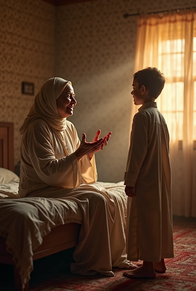 At night, a middle-aged lady is lying in bed with a blanket on her, talking to a twelve-year-old boy standing next to her. The scene will be Arabic.