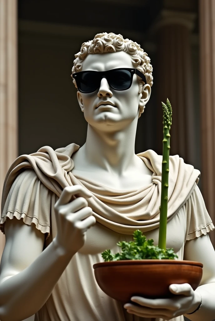 I dare you to create a bust of Greek God with sunglasses, flores, estatua, detalhista, realista, cinza claro e fundo branco