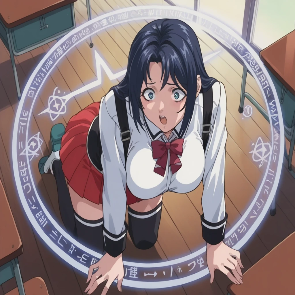 score_9, score_8_up, pretty girl . source_anime Bibl3 . in classroom . wearing , skirt good eyes. detailed . . huge breast . . on fours. magic circle . female shocked