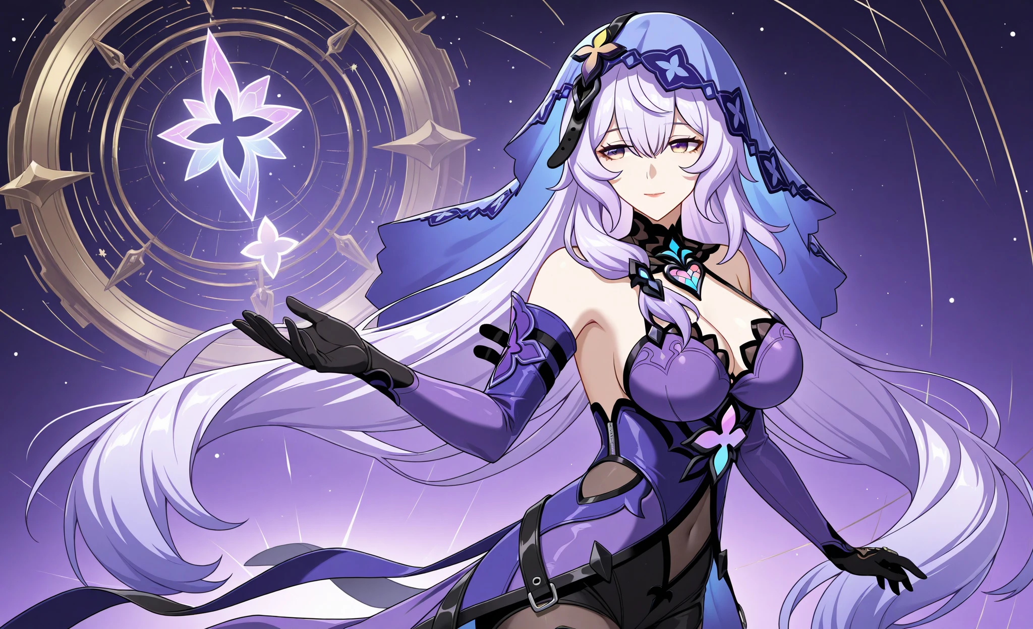 1girl has a tall figure and has long, medium purple hair. She wears a white leotard, combined with black line elements. She wears a white hair ornament and carries an extremely large golden sword. bare legs, white boots, full body, medium breasts