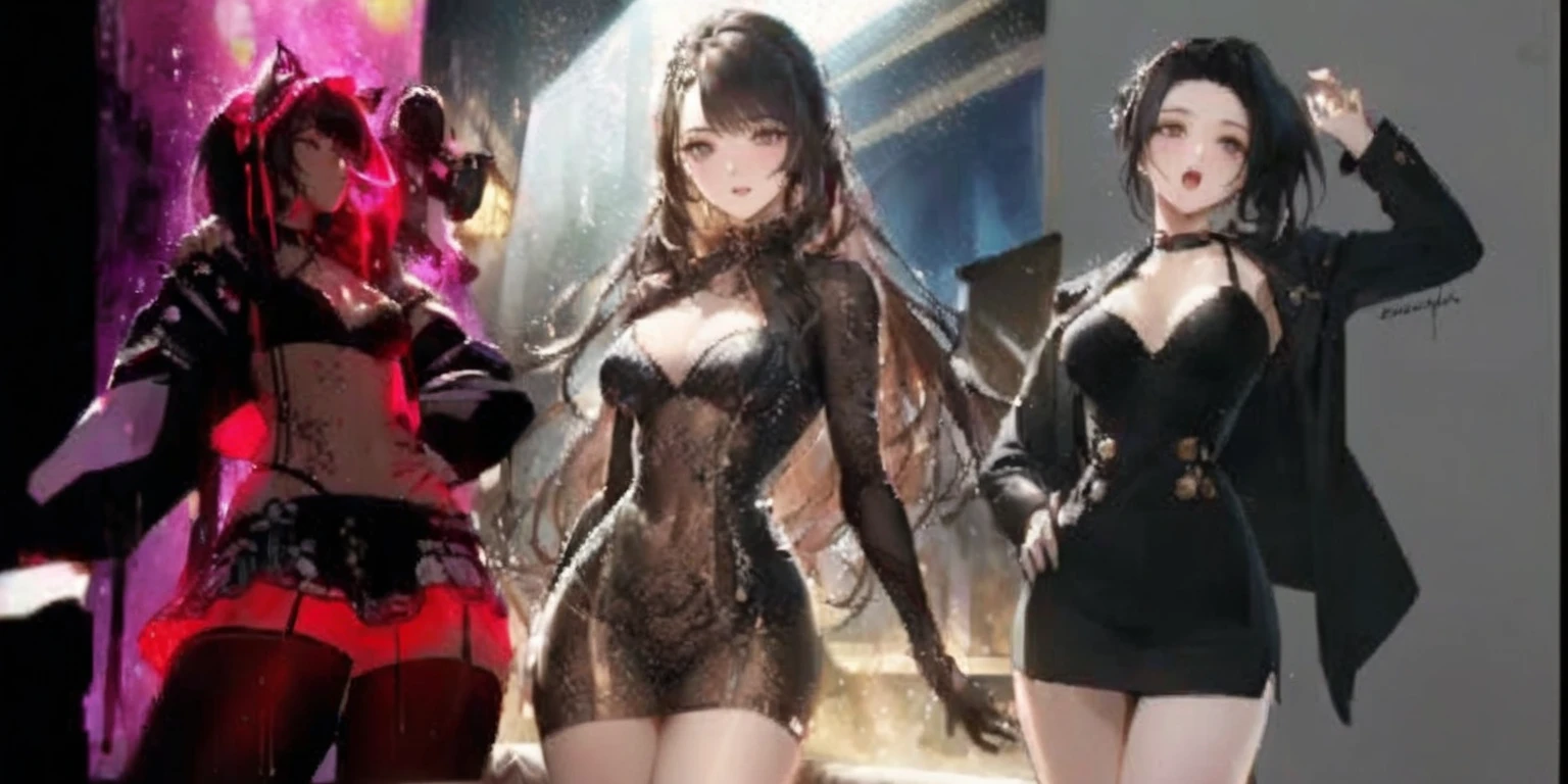 Two nice looking short hair tops naked sexy asian beauties, big breasts, hands covering chest, full body, standing, long legs, suspender stockings black silk, high heels, beach --auto --s2