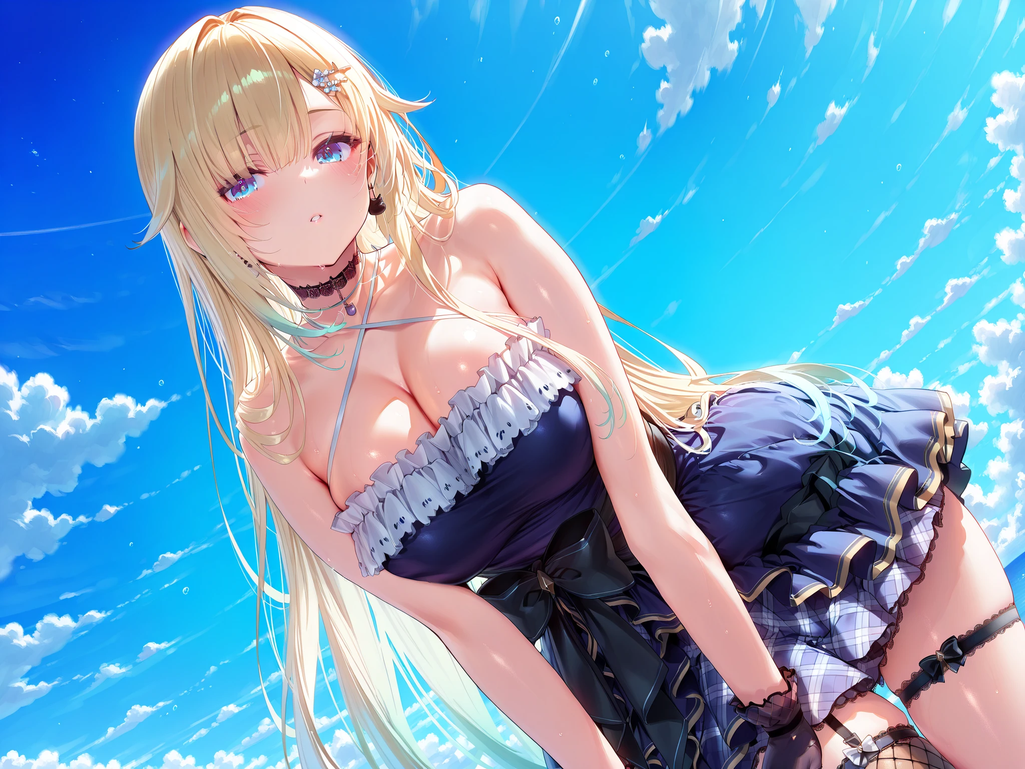 solo,masterpiece,best quality, amazing quality, highres, absurdres, very aesthetic, high resolution, ultra detailed, perfect details,EmaDefault, long hair, hair ornament, cat earrings, choker, strapless layered dress, criss-cross halter,waist bow, gloves, single fishnet thighhigh, thigh strap,,(masterpiece, detailed:1.2),looking at viewer,large breasts