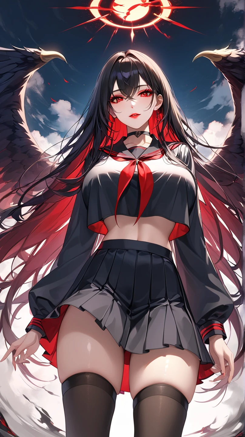 bluearchiveHasumi, Hasumi, black hair, hair between eyes, long hair, mole, mole on breast, mole under eye, (red eyes:1.5), wing, black wing, low wing, feathered wing, (big breasts:1.2),
break black choker, black serafuku, black skirt, black Thighhighs, garter strap, long sleeve, pleated skirt, , serafuku, side slit, skirt, Thighhighs, white collar, wheel sailor color,
break looking at viewer, 
break indoors, classroom,
break (masterpiece:1.2), highest quality, High resolution, unity 8k wallpaper, (figure:0.8), (detailed and beautiful eyes:1.6), highly detailed face, perfect lighting, Very detailed CG, (perfect hands, perfect anatomy),