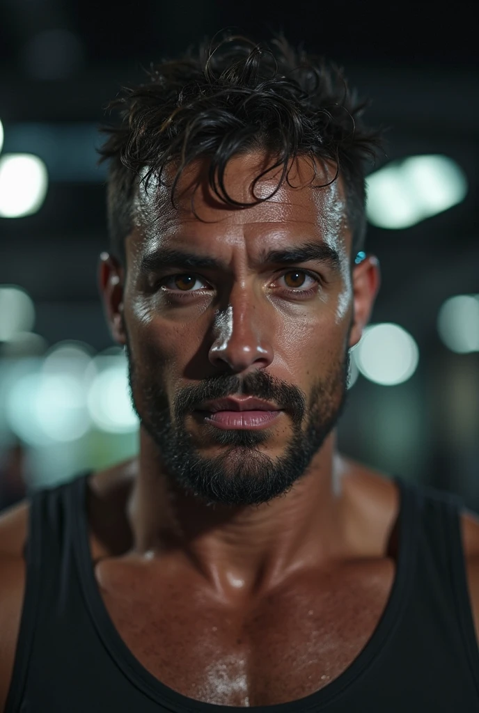 Vicious young man,Short black hair,Detailed and realistic face and eyes,Determined gaze,Toned body,Eight-pack abs,Close up,4K,A gym full of men,model shoot style,Cinematic lighting,Dynamic