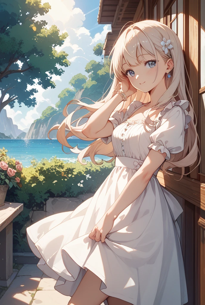 (dainty, delicate), blushing, pure-hearted girl with a small smile, gaze averted but shyly looking up, ((pastel colors)), soft focus, in a white summer dress adorn with pearls, beautiful hands