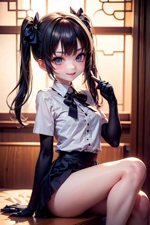 a cute horned girl smiling, hairbow, white nylons, black round_toe Mary_janes pumps, (((sfw)))