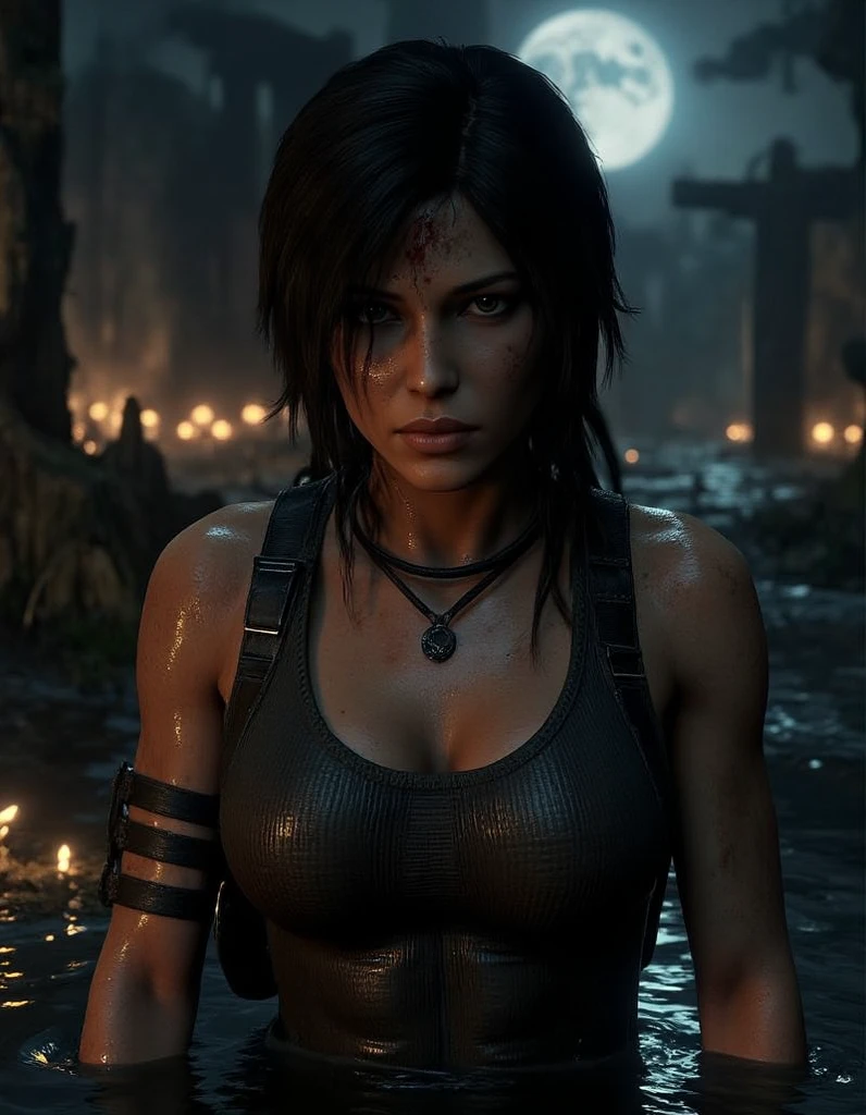 Lara Croft,ponytail,shadow of tomb raider,capture,torn clothes, mild nudity, nudity, boobs , naked, scratched,injured,tired,exhausted,sweaty,(best quality:1.2),ultra-detailed,(realistic:1.37),portrait,dark and mysterious,colorful lighting.