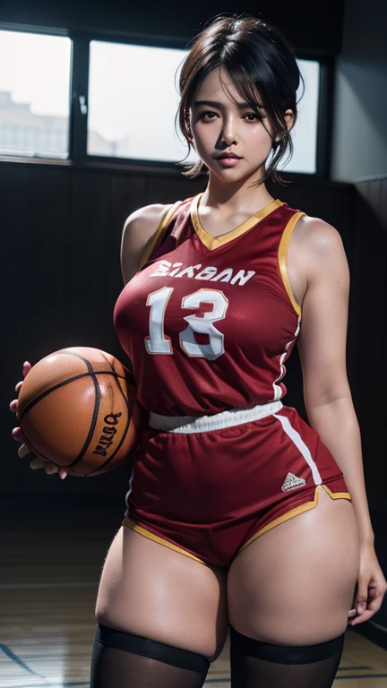 Sarada, short hair, hairband, black eyes, beautiful, gorgeous woman, perfect body, scoreland, perfect breasts, (((thick thighs))), wearing a basketball jersey, on the basketball court, holding a basketball