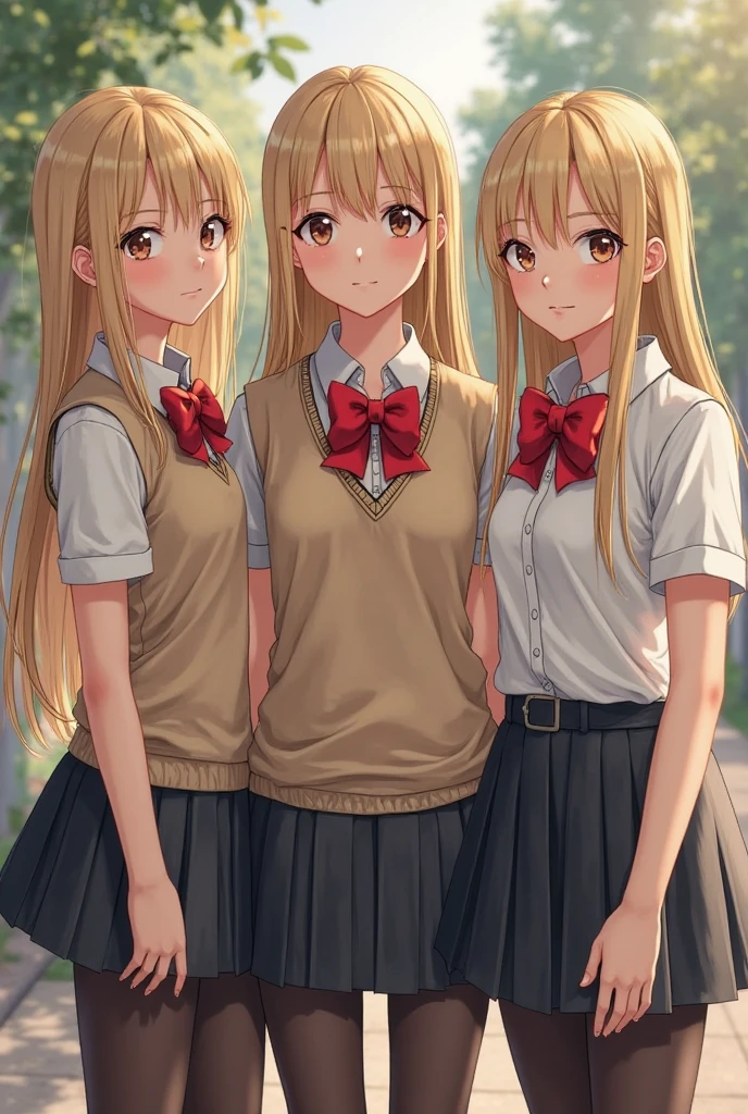 a blond、red eyes、Two pretty girls、animesque、student clothes、a miniskirt、the woods、Frolicking、jumpping