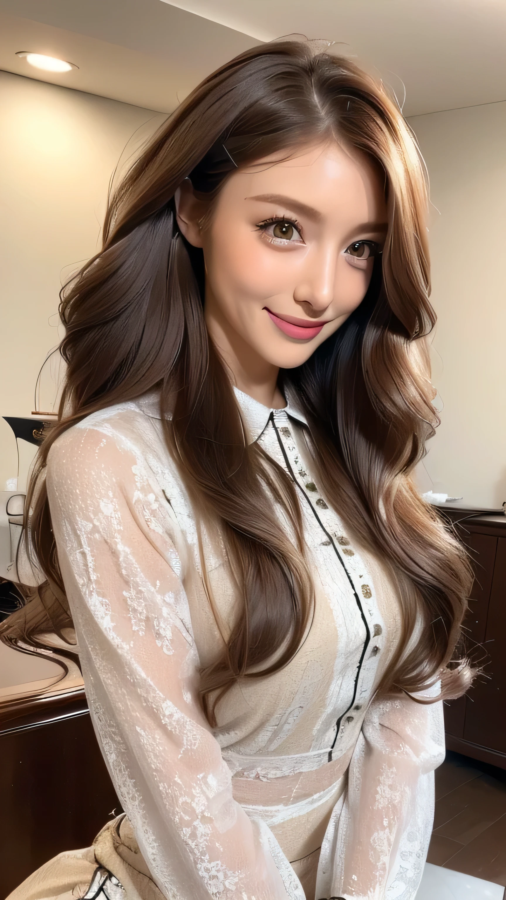 (masterpiece:1.3), high resolution, ultra detailed, extremely detailed CG unity 8k wallpaper, realistic, photo-realistic, RAW photo, beautiful detailed face, pale skin, realistic glistening skin, detailed cloth texture, detailed hair texture, Perfect body, Beautiful Face, accurate, Anatomically correct, Highly detailed face and skin texture, natural neck length, (beautiful hands), (fair skin:1.2), Thin legs, Thin feet, Detailed eyes, symmetric eyes, Light Brown eyes, Double eyelids, Thin eyebrows, (Glossy lips:1.4), ((gently smile:1.2)), (blush:1.1), (A Classy and Cute girl:1.3),fullbody shot、((full figure supermodel standing, entire body in frame))((Super long brown hair,Hair with loose waves inside,Hair reaching down to the waist:1.3)),((wearing intricately patterned shirt mini dress_with long sleeves__collared shirt_The skirt has a lace hem:1.hy smile:1.5))((Place your left hand gently on your chin:1.itting on a chair:1.itting elegantly with crossed long legs:1.5))((arms up:1.3)),((run her fingers through her hair:1.5))))