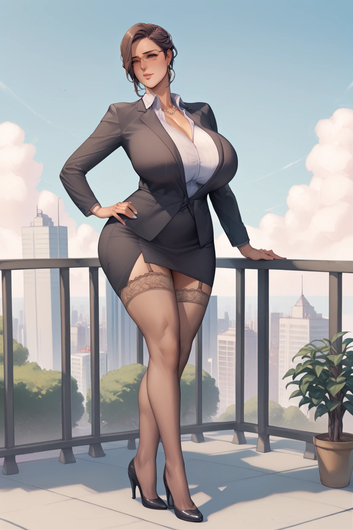 A tall 30-year-old giant crouches on a city street, Highly detailed photo of a beautiful model, Beautiful giantess crouched, sexy dominant pose, Seductive and confident smile，Realistic painting style，NSFW，Black color hair，pony tails，No bangs，Show forehead，The face of a classical Chinese beauty，wears glasses，（no top dress）（fullbody naked）（Bare body）（Bright fair skin）（Not wearing a bra）（Completely naked）（ There are  ）（Protruding tits ）（tonedbody）（There are abs and pectoral muscles）（There are muscle lines）（nice breasts）（camel-toe）（Vulvar shape）（no  skirt）（did not wear panties）（Vaginal exposure  ）（There is pubic hair）（beautifullegs）（Wear 18cm high pointed toe black high heels）Background city bustling streets