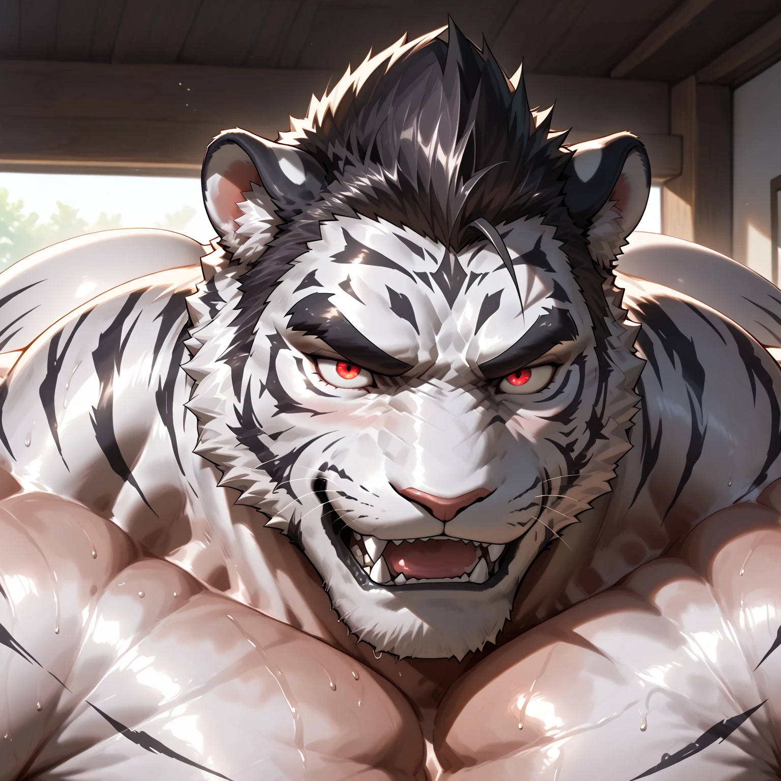 furry, anthro, male, ((solo)), white tiger, tiger, white fur, white skin, tiger pattern, huge body,(cute:1.8)
(((((by luwei, by rossciaco, by kumayaki)))by null-ghost, by estper, by sollyz, by takemoto_arashi, by milkytiger1145)) (by bakemonoy, by istani, by hyaku:0.5)
(((high detail:1.2, absurd res, good anatomy, eye highlight)))
(mature, masculine,Bodybuilder,strong pecs,vascular veins,huge pecs, manly, handsome, very smug smirk,),(bulging (biceps:1.5), bulging triceps, massive lats:1.5),(Flexing),((detailed eyes, black thick eyebrows)),
nude, nsfw, ((face focus, icon style, open mouth, tongue out, cute smile)) (saliva, bodily fluid)
blush, ((bedroom eyes, narrowed eyes)),
indoors, bedroom
((looking at viewer)), (((high angle view(from above))))