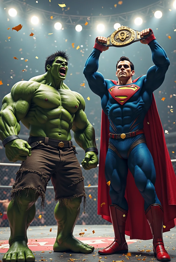 Epilogue: A New Beginning
Prompt: "Superman and the Hulk sharing a respectful handshake in the now-empty boxing arena. The scene shows them both, tired but content, surrounded by remnants of the fight. The arena is quieter, with a few scattered fans, signifying a moment of mutual respect and the end of an epic rivalry."