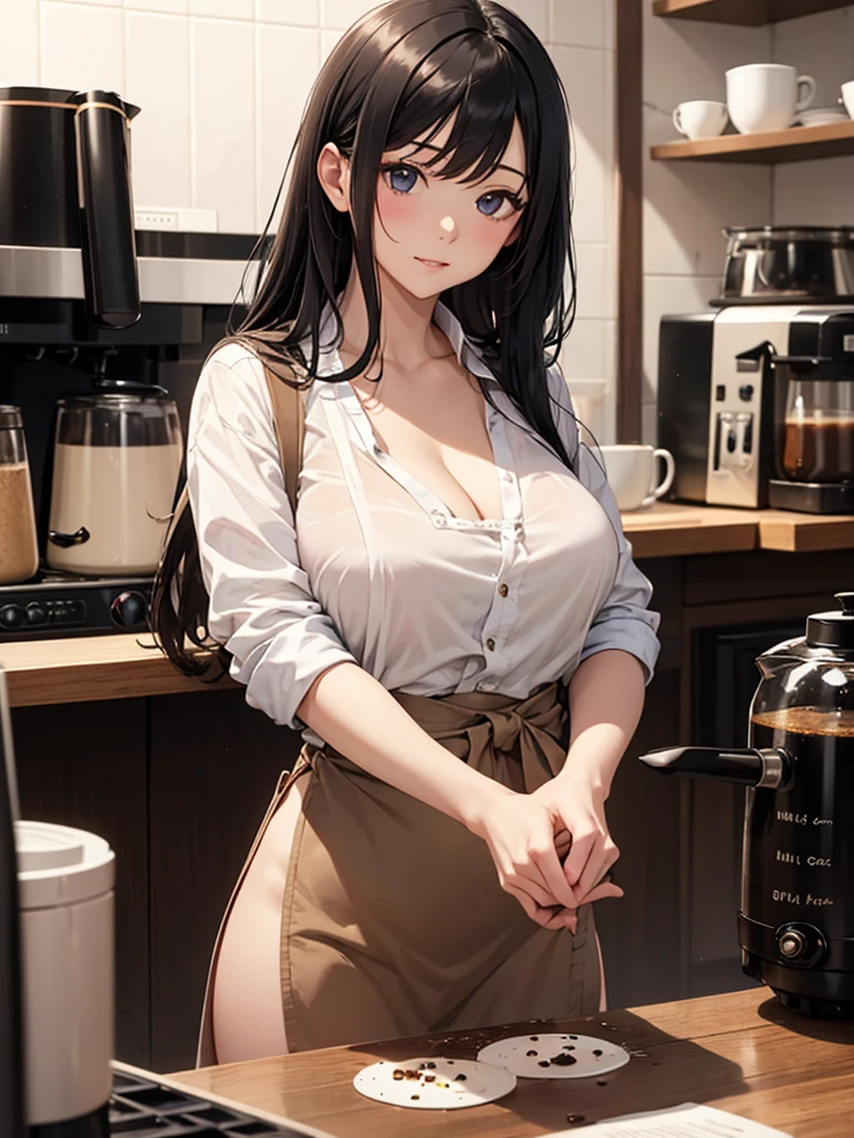 (photorealistic:1.8, highest quality:1.8,8K masterpiece:1.8,High resolution,muste piece:1.8,RAW Photos,cinematic lighting),No split screen、morning、Good Morning、The coffee shop of the future、A woman brewing delicious coffee、25old girl、1Girl shop assistant、choker、uniform、mini skirt、beautiful breasts、beautiful thighs、plump nipples、(Nipples visible through clothing)、cutting edge fashion、 (Beautiful, shiny, pale, gray, black, brown hair:1.5)、smile
