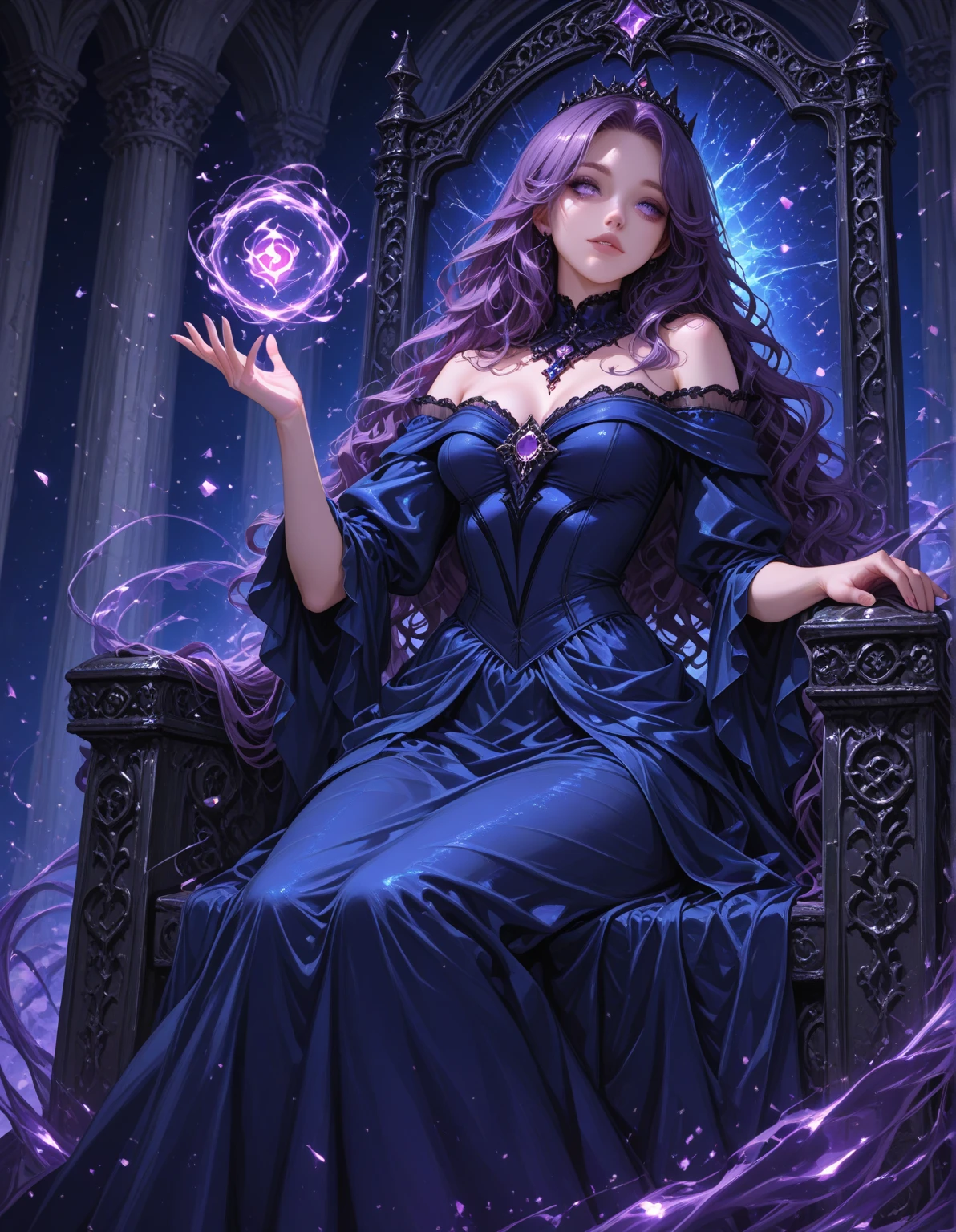 (extremely detailed 8k wallpaper)+, medium shot photo of a dark purple haired sorceress in an elegant dress showing clevage putting a crown on her head while sitting on a throne looking pleased, Intricate, High Detail, dramatic, best quality masterpiece, photorealistic, detailed, 8k, HDR, backlighting, bloom, light sparkles, chromatic aberration, sharp focus, realistic face, magic, evil