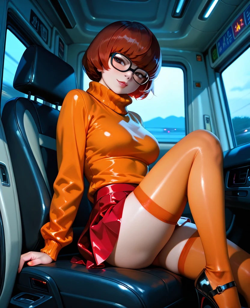 orange color hair、hime-cut、Golden Eyes、eye glasses、ssmile、early teenage girls、flat chest、Thin pubic hair、Beautiful open legs、parka、In the car
