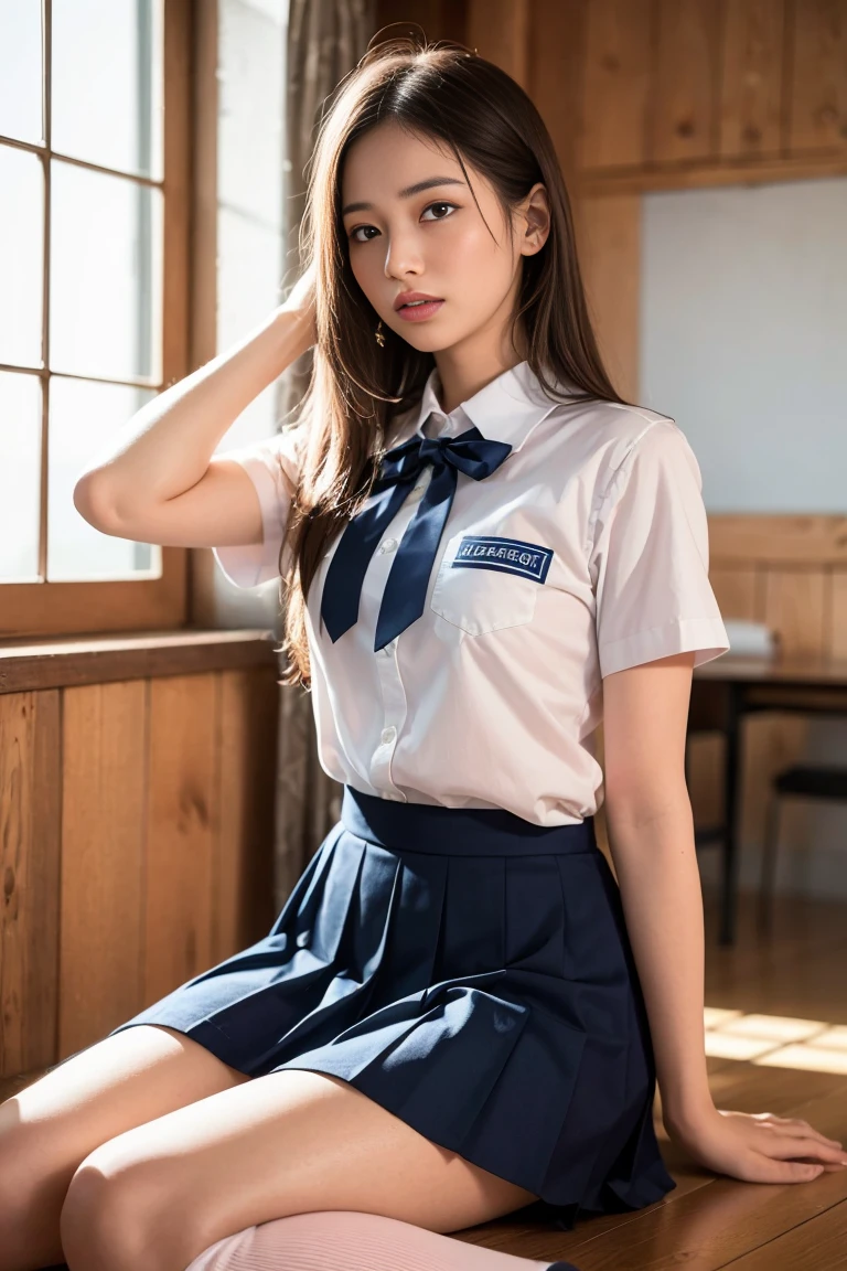 (1 girl), (sexy look:1.5), (flat chest:1.3), (very detailed目, very detailed顔), (超realistic, High resolution), (highest quality:1.4), (hyper quality), real skin texture, RAW photo, (realistic, Photoreal:1.37), very detailed, professional photography, (school uniform, pleated skirt:1.3), (look at me), (School, classroom), ((Face to face with me:1.4)), (from below:1.3), realistic private parts, lace panties, Japanese high school girl、超highest quality、masterpiece、超High resolution、written boundary depth、(Photoreal:1.4)、(award winning photos、信じられないほどのmasterpiece:1.3) 、RAW photography、golden ratio、Highly detailed CG Unity 8k wallpaper、detailed and complex、original、High resolution、RAW photo、(perfect body shape)、detailed and complex、Digital single-lens reflex camera、soft writing、(background person blur:1.1)、Sigma 85mmF/1.4、50mm Lenac lighting、nffsw、hyper real、color grade, Rear view,from below:1.3), (((Holding the hem of her skirt, she opens her legs and shows off her real pussy.:1.4))),
