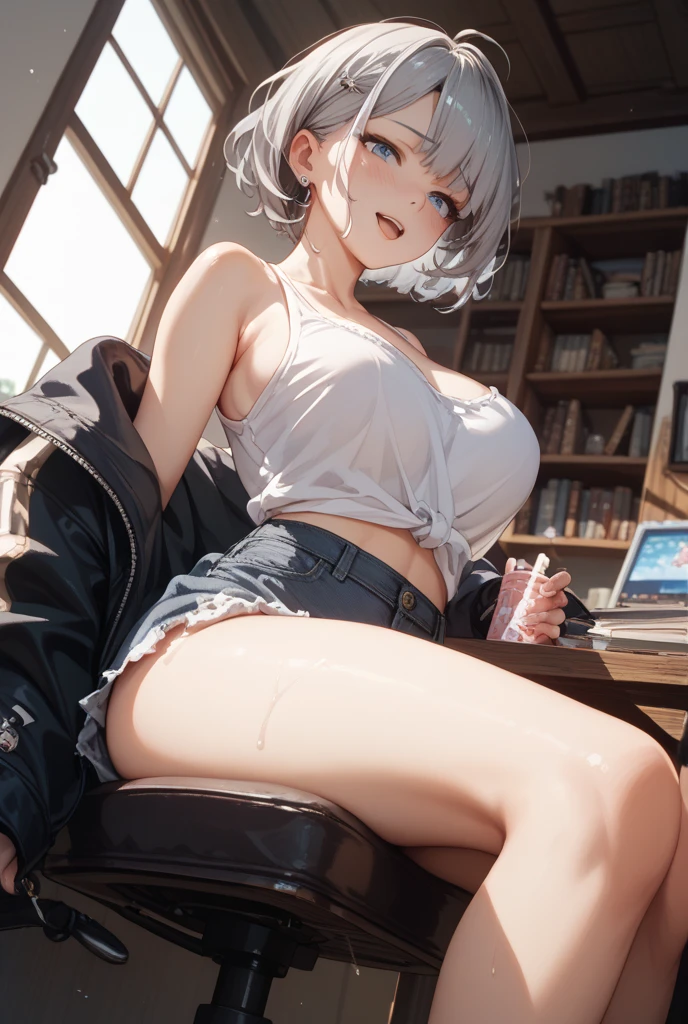 ((Highest quality)), ((masterpiece)), (detailed), One Girl,(Knee-length),Cosplay,Big Breasts,(White denim mini skirt),(Black shirt),(Open chest button),22-year-old woman,(Naughty look),((Excited expression)),Browsing Caution,nswf Japanese,(attractive appearance),atmosphere,Remote control rotor,pink remote control,blush,(Girl in a dark room),(A seductive expression as she stares at a man)