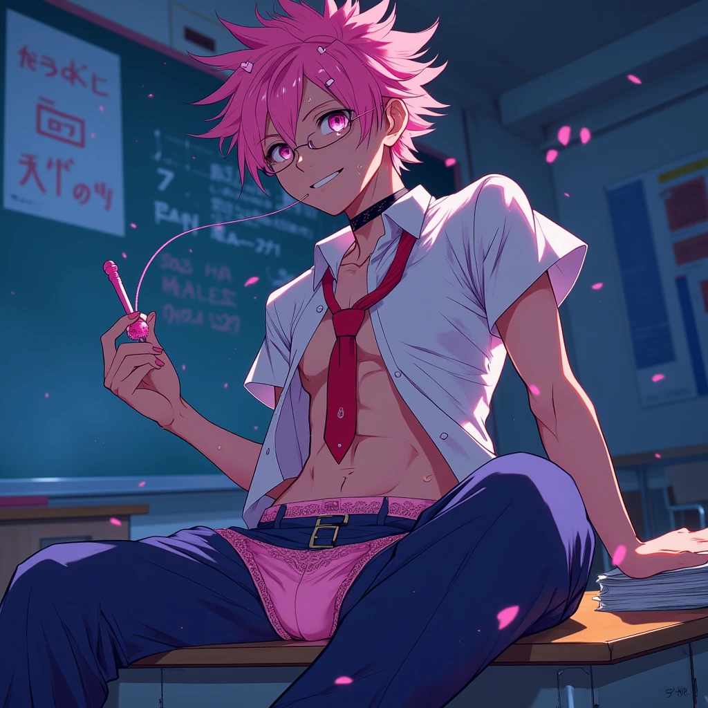 In the classroom, a youth, young male, student, gentle expression, twisted waist, pure white panties, exposed underwear edges, strong muscles, pale pink hair, red pupils, short hair, handsome, lewd, saliva, top crotch, rabbit ears, rabbit tail