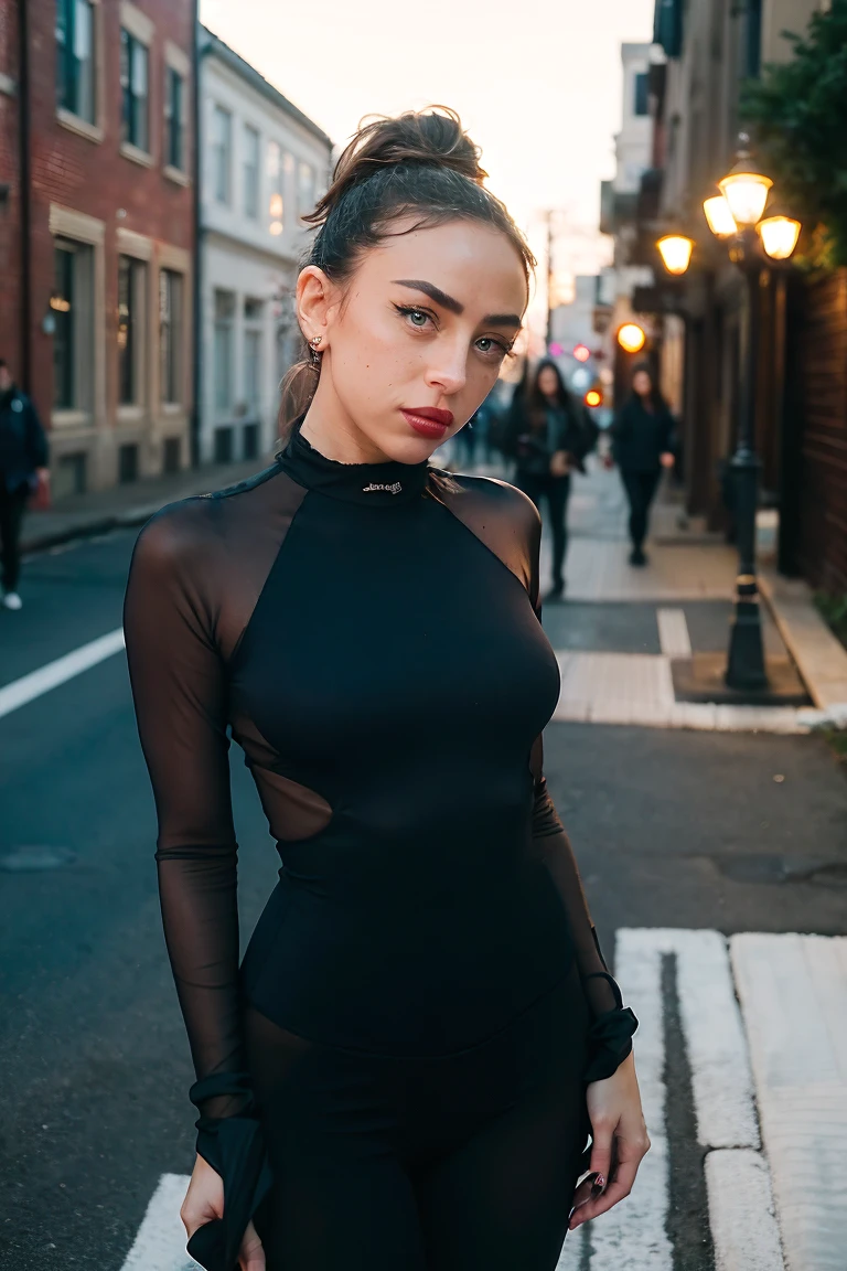 In an urban anime setting, a typical female character that possess an alluring yet practical appearance. Picture her with long, flowing locks resembling a waterfall of midnight silk, cascading down her back with a mesmerizing allure. Her hair, a rich canvas of darkness, sways gently with each movement, adding a touch of elegance to her urban demeanor.

She is of average height, standing around 5'5" to 5'7", with a slender yet athletic build that speaks of agility and strength. Her attire, a seamless fusion of street chic and avant-garde fashion that accentuates her curves while allowing for ease of movement in the bustling urban environment.

Her eyes, adorned with a touch of mystery, reflect the city lights like shimmering jewels, hinting at the depths of her character beneath the surface. With a poised posture and an aura of quiet confidence, she navigates the streets with grace and determination, a captivating presence amidst the urban chaos.
