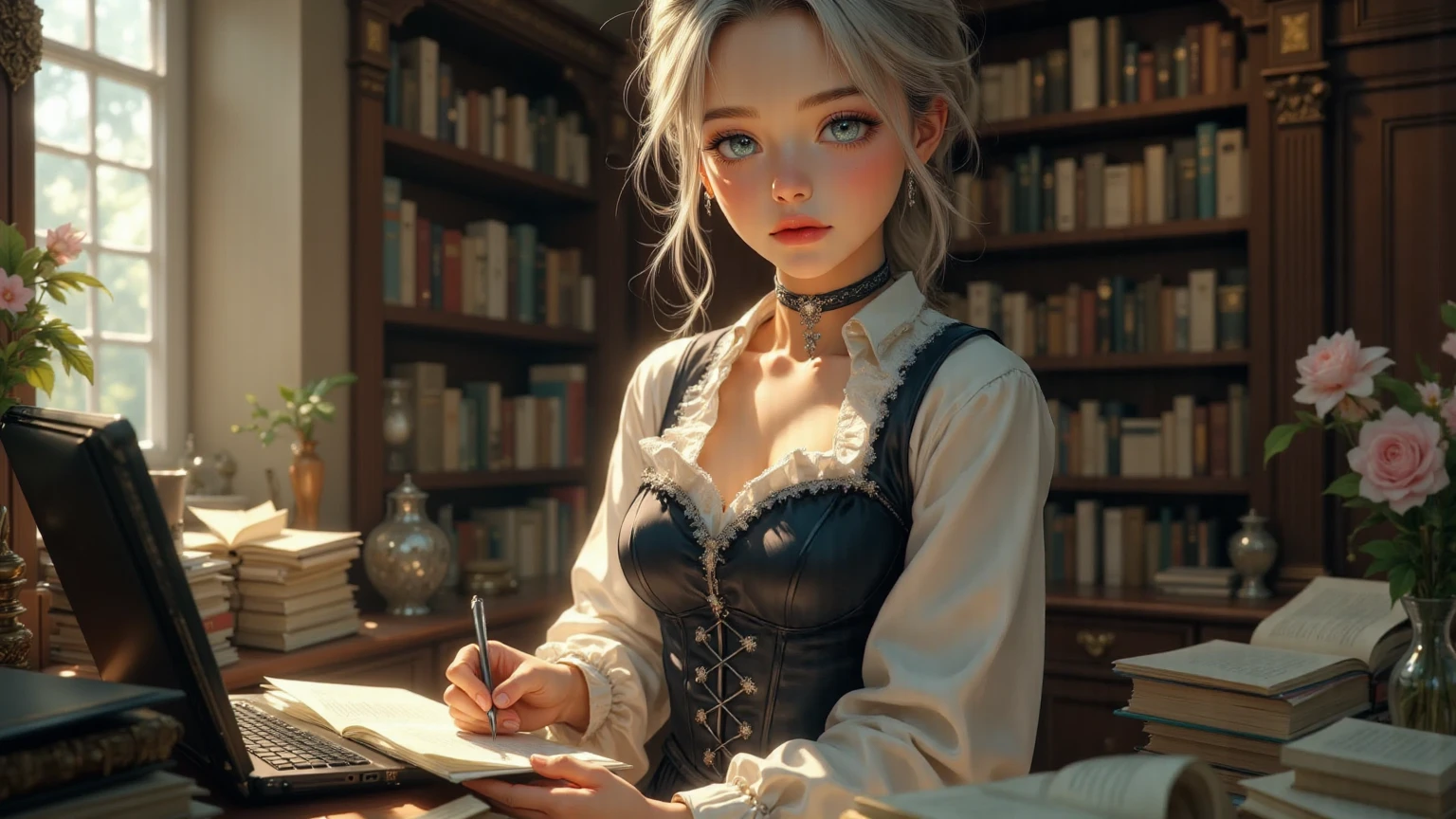 Tabletop, Highest quality, One girl ,White, Research Room, Realistic, High resolution, detailed, Soft Focus、Delicate facial features, detailedな目, Sharp pupils, Depth of written boundary, ボケ Depth of written boundary, Sharp focus、Morning sunlight、dream