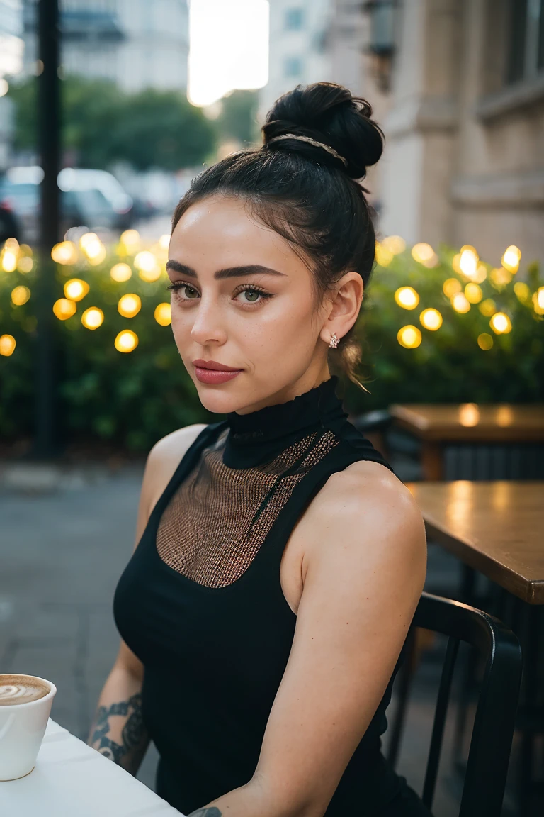 Full body photo of AlexaXL woman, wearing black t-shirt, jeans, makeup, winged eyeliner, hair in bun, looking at viewer,  outside in park sitting on a bench <lora:Alexa Demie XL:1>