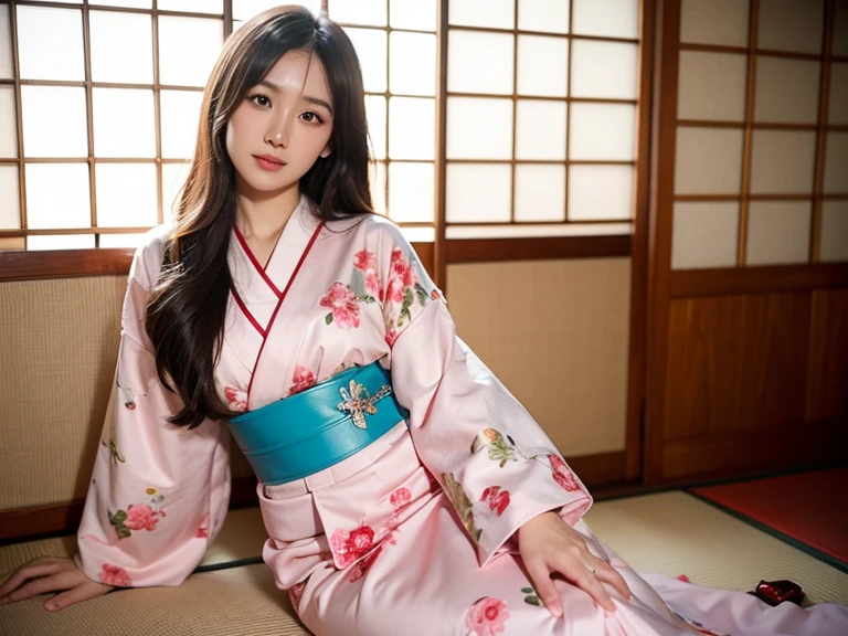 best quality, Delicate face,beautiful visual work, lifelike, eternity, black hair, Long curly hair, blunt bangs, Smile, Detailed Background, Delicate face,blush,cold,((masterpiece))、(top quality)、8k、high detail、Super detailed,41-year-old female,Wearing a yukata, Kneeling on the tatami, masterpiece、born、Scenes resembling fairy tale illustrations、intricate details和複雜的設計、Beautifully、magic、capricious、 Beautifully、Dream aesthetics、「𝓡𝓸𝓶𝓪𝓷𝓽𝓲𝓬、ethereal、charming、fickle、magic」、realism、Visual effects、FXAA、SSAO、Shader、voiceless、ambient lighting、Tone mapping、High resolution、Ultra high quality、Million pixels、(8K resolution:1.10)、8k、8k以下、8K resolution、high detail、intricate details, (high quality:1.2、masterpiece:1.2、:1.21)、(41-year-old female:1.21)、(興奮地Smile)、(被dream般的氛圍所包圍、Model diagram,full-body shot,Normal 2 feet,Put your hands behind you,The protrusion of the breast is visible when wearing clothes, Large Breasts, H cup chest, antiquity, Xian Xia, gauze clothes, Soft and fluttering, Fairy, dream, fantasy, light, Elegant, nature, Immortal, romantic, classical, ribbon, pink clothes, in tall woods, In the woods like a martial arts drama, Don't show your fingers, full-body shot,floor length skirt, full-body shot,full-body shot,full-body shot,full-body shot,full-body shot,full-body shot,full-body shot,hands hidden in clothes, hands hidden in clothes,hands hidden in clothes,hands hidden in clothes,hands hidden in clothes,hands hidden in clothes,hands hidden in clothes,hands hidden in clothes,hands hidden in clothes, ,hands hidden in sleeves ,hands hidden in sleeves ,hands hidden in sleeves ,hands hidden in sleeves ,hands hidden in sleeves ,hands hidden in sleeves ,hands hidden in sleeves ,hands hidden in sleeves, arms behind back, arms behind back,indoor, Japanese style decoration, Japanese style architecture, Japanese-style room, 在Japanese-style room內, Pink and white yukata with flower pattern
