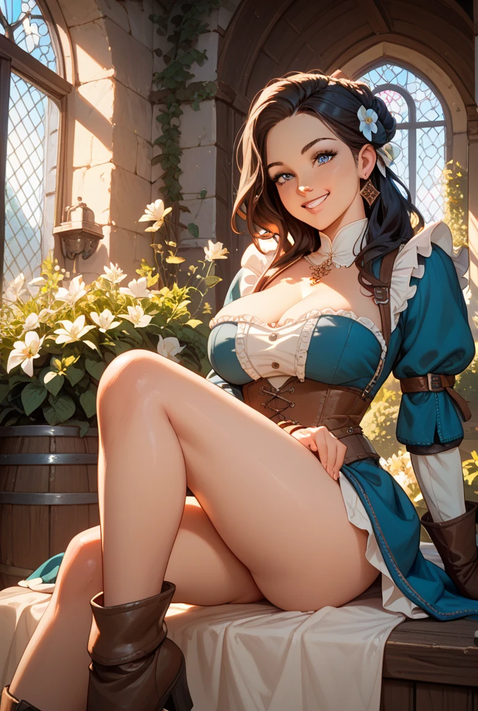 (Masterpiece, best quality, highres, ultra-detailed, dynamic) Dorothy from the wizard of oz, full body, detailed face, detailed eyes, detailed lips, detailed nose, (Huge breasts:1.2), tight blue and white dress like in the wizard of oz movie, short skirt, thicc, (yellow brick road), oz background, sexy and whimsical
