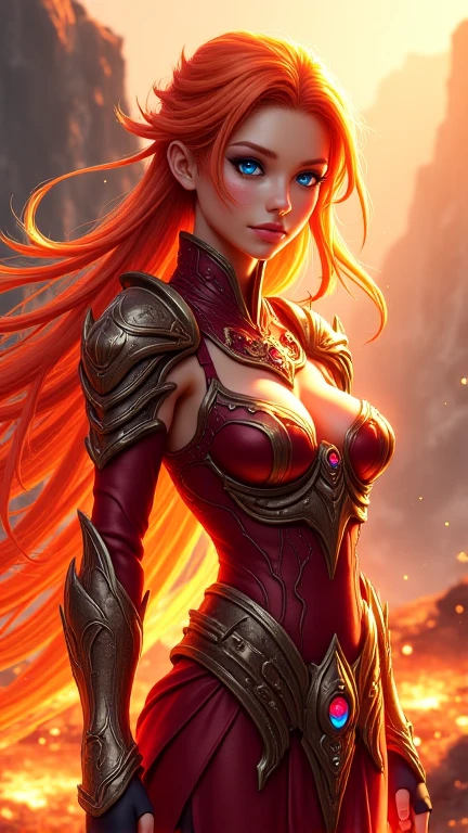 Create a detailed image of a fire elf with a full-body red appearance. She has fiery red eyes, long red hair that flows like flames, and glowing runes etched into her skin. She is dressed in an intricate red explorer's outfit, designed with elven craftsmanship, blending elegance and functionality. The outfit features a mix of leather and fabric with magical accents, perfectly suited for an adventurous fire elf. The background should enhance her mystical aura, with subtle embers and warm lighting highlighting her powerful presence.