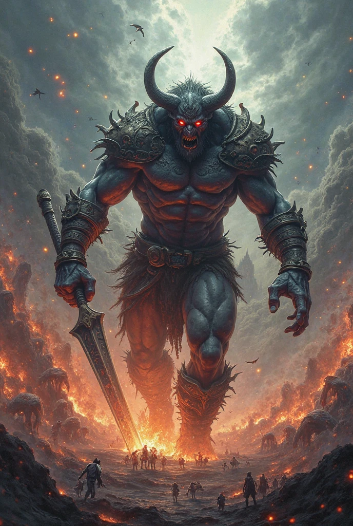 A destructive creature emerges from the shadows, shrouded in a sinister aura. His colossal and muscular body exudes an uncontrollable force. Its sharp claws and menacing teeth indicate its fierce nature. The ground shakes beneath his mighty footsteps as destruction and chaos follow in his wake. The sky darkens with stormy clouds, echoing the impending threat. Flames and smoke fill the air, indicating the coming devastation. It is a terrifying glimpse of a creature that awakens the deepest fear in the hearts of those who witness it. Photographed by Guillermo del Toro with a RED EPIC-W and a wide-angle lens, the lighting is a combination of dark lights and special effects, creating a dark and frightening atmosphere