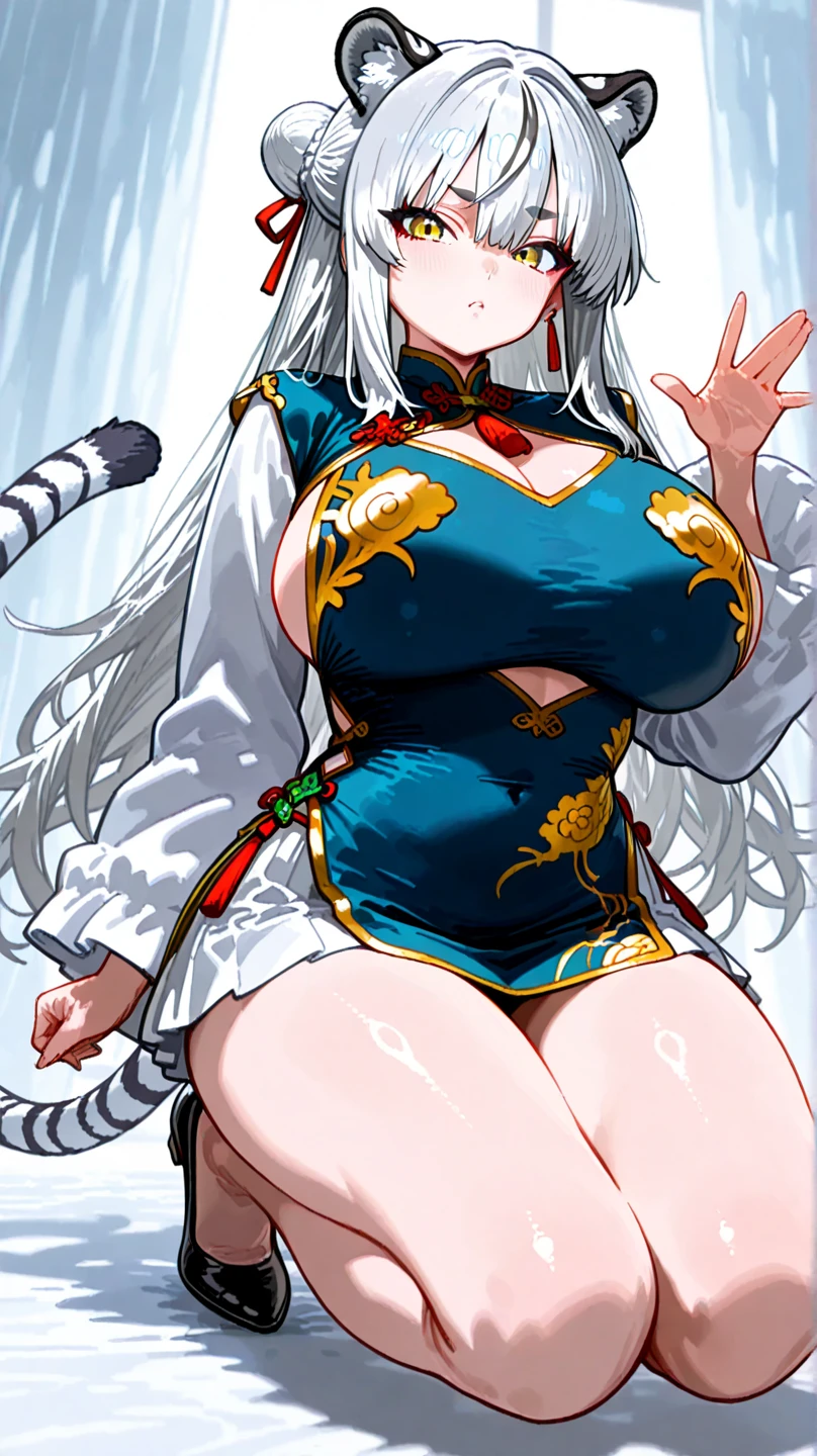 1girl,Sesshoumaru,sesshoumaru,mature female,(scornful eyes),yellow eyes,parted bangs,pointy ears,white hair,very long hair,red facial mark,forehead mark,alternate costume,arm at side,blush,braid,breasts,china dress,chinese clothes,curvy,dress,elbow gloves,bare shoulder,sleeveless,cleavage cutout,floral print,gloves,(blue and white porcelain gorgeous qipao,china dress,chinese clothes,dress),gigantic breasts,hip vent,print dress,indoors,holding,lips,looking at viewer,parted bangs,short sleeves,single braid,solo,standing,(holding a Sword:1.4),thick thighs,upturned eyes,white thighhighs,wide hips,