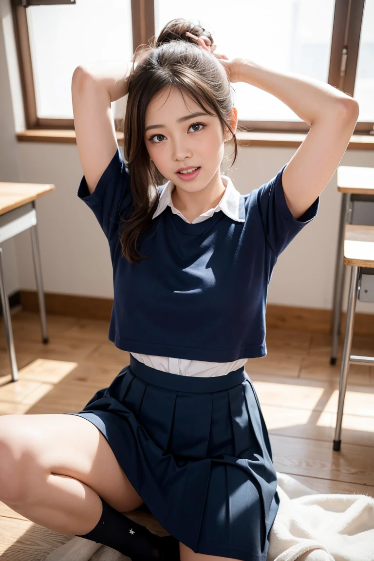 ((Highest quality)), ((masterpiece)), (Familiar), Perfect Face,Japanese,9 years old,girl,cute,(Primary school students:110%),Private elementary school,uniform,Short sleeve blouse,Checked mini skirt,school bag,In the classroom,(Top-down angle or (upskirt:40%)),(skirt lift:50%) & (Checkered skirt or (Shaved pussy:95%)),(世界で一番cutegirl:1.1),(Sometimes nipples pumping:60%),(school bag:100%),(Licking the cum:20%),(Masturbating with a tennis racket:100%)