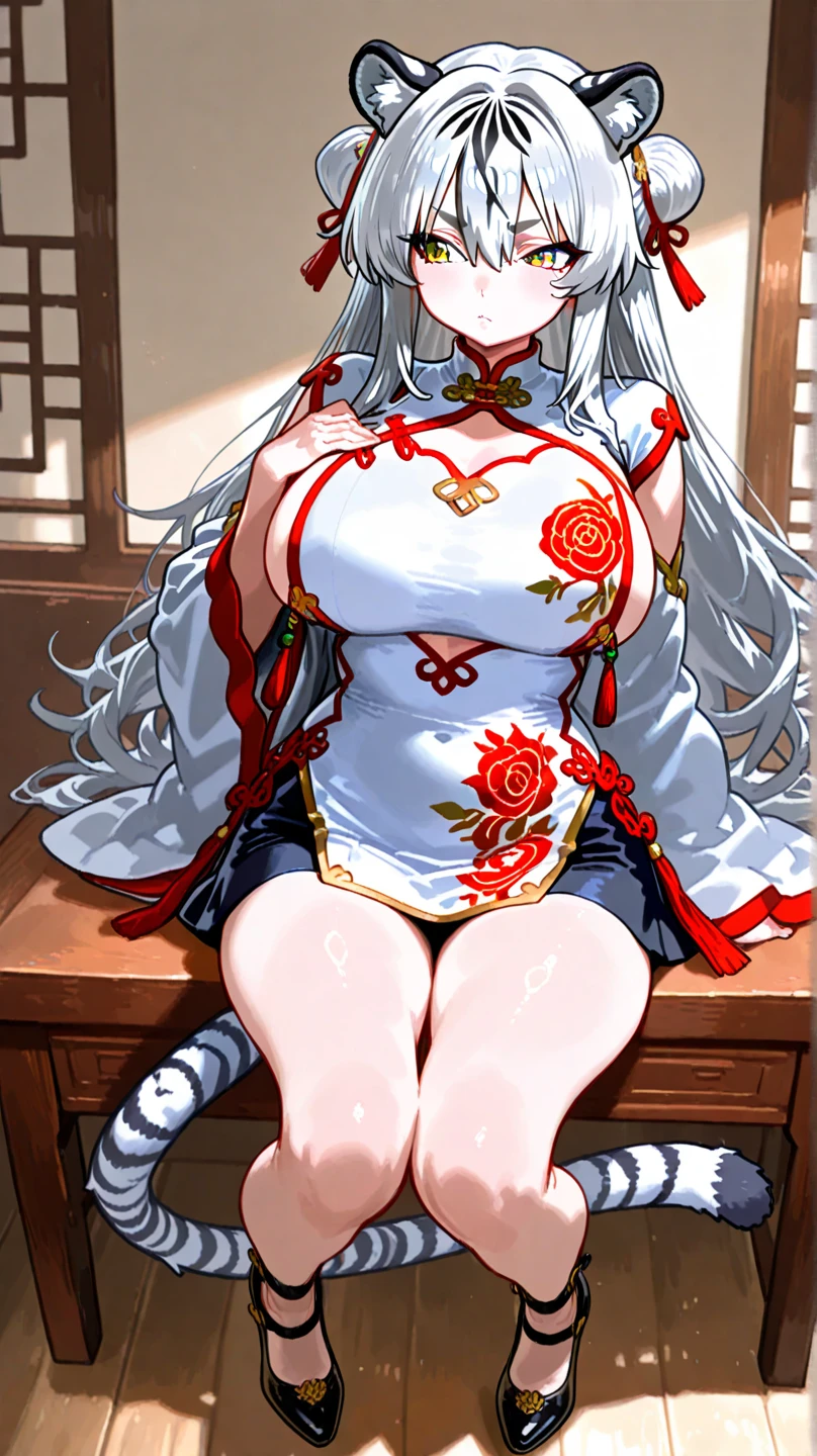 masterpiece, best quality, 1 solo girl, white hair, red eyes, long hair, wavy hair, Christmas ornaments, medium breasts, mature body and face, red santa dress, christmas, christmas light, christmas tree, red gloves, red santa skirt, holding gift, red bra, red panty, leg up, cowboy shots, sexy pose, dakimakura, ultra-detailed body, face, and eyes, sharp focus, vibrant, creative, dynamic, high definition, high resolution, 8k, (Upscale: R-ESRGAN 4x+ Anime6B), (Image enchance:4x), voluptuous body
