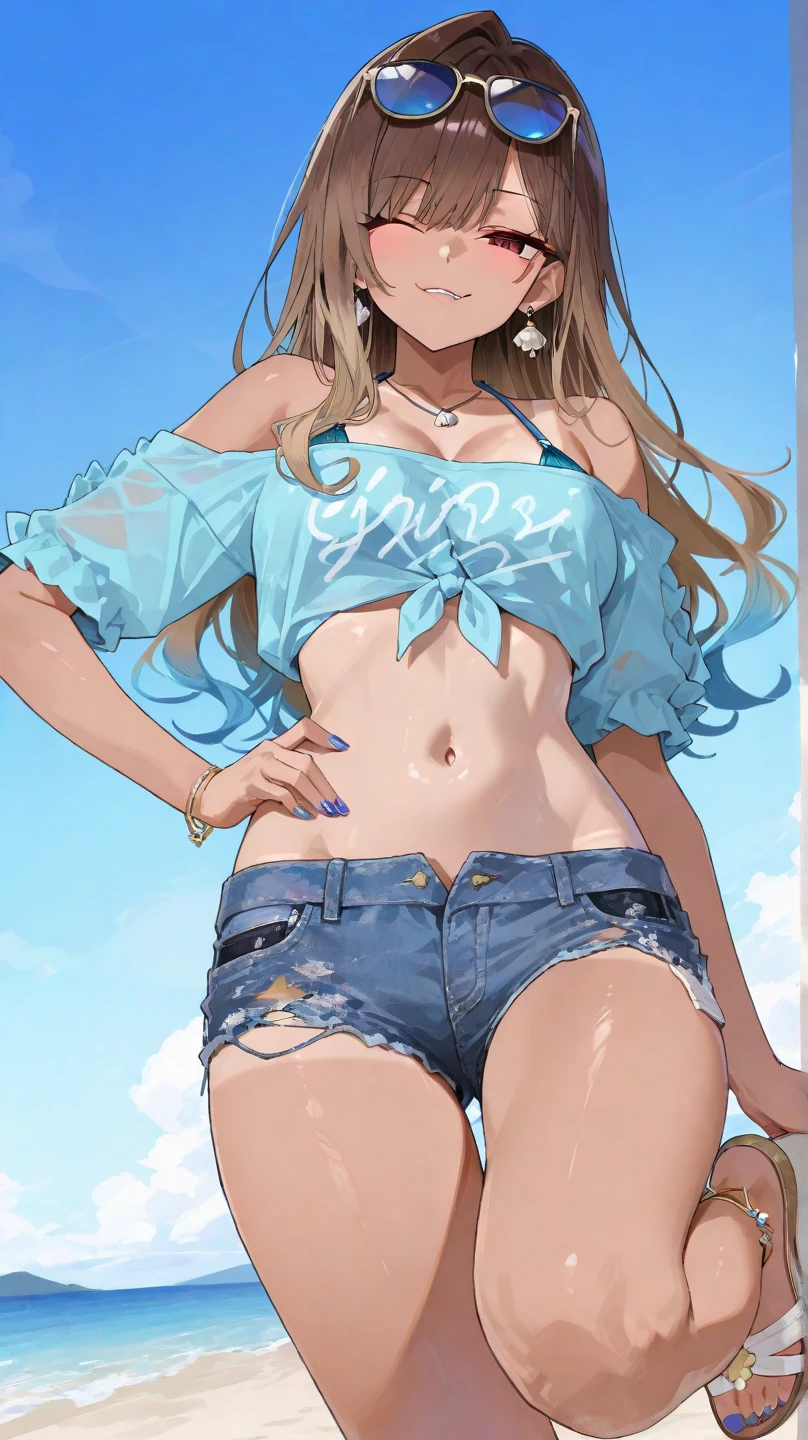 (8K、Highest quality、Highest quality、masterpiece)、Detailed face、One Girl、(Brown Skin:1.2)、Long Hair、Blue Eyes、Serious、(Red Tank Top、Denim hot shorts、Open Shorts、Unziped shorts、Mini Shorts、No Panties、NoPanties、Spread pussy)、labia view、Beach、cloud、vagina、Pussy Lip、Wedgie between Pussy Lips、Big Breasts