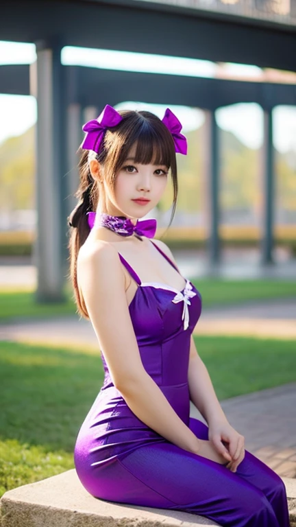 (1 lady), (Best quality at best:1.4), (ultra - detailed), (extremely detailed CG unified 16k), A Beautiful Woman with Perfect Figure: 1.4, Sharp Focus: 1.2, purple hair, very detailed, High-definition RAW color photo, professional photoshooting, amazing face and eyes, cosmetics, standing, (amazingly beautiful girl), ((rena ryuuguu)), ((beret, black thighhighs, bow, bowtie, dress, hat, puffy short sleeves, puffy sleeves, purple bow, purple bowtie, short sleeves, thighhighs, white dress, zettai ryouiki)), (looking cute, immerse in her own thoughts expression), (City park, extremely detailed background, realistic background, first date vibes), (frontal photo), realistic cinematic face, head to feet long wide zoomed out view, full body long view, head to shoes, photorealistic, ((realistic natural orange hair style, short hair, blue eye)), gorgeous, extremely beautiful face, pretty face, delicate girl, (attractive body, fit woman, big girl, athletic body, strong female), perfect model beauty, pout mouth, Highly Detailed Face and Skin Texture, Detailed Eyes, Double Eyelids, Medium size breasts, shy but motivated expression, (masterpiece), best quality, high resolution, extremely detailed, cinematic lighting, amazing legs, clear and well-cared skin, (milky pale skin, white skin like milk), official dior editorial, trending on pinterest, dreamy, aesthetic, ((style raw))