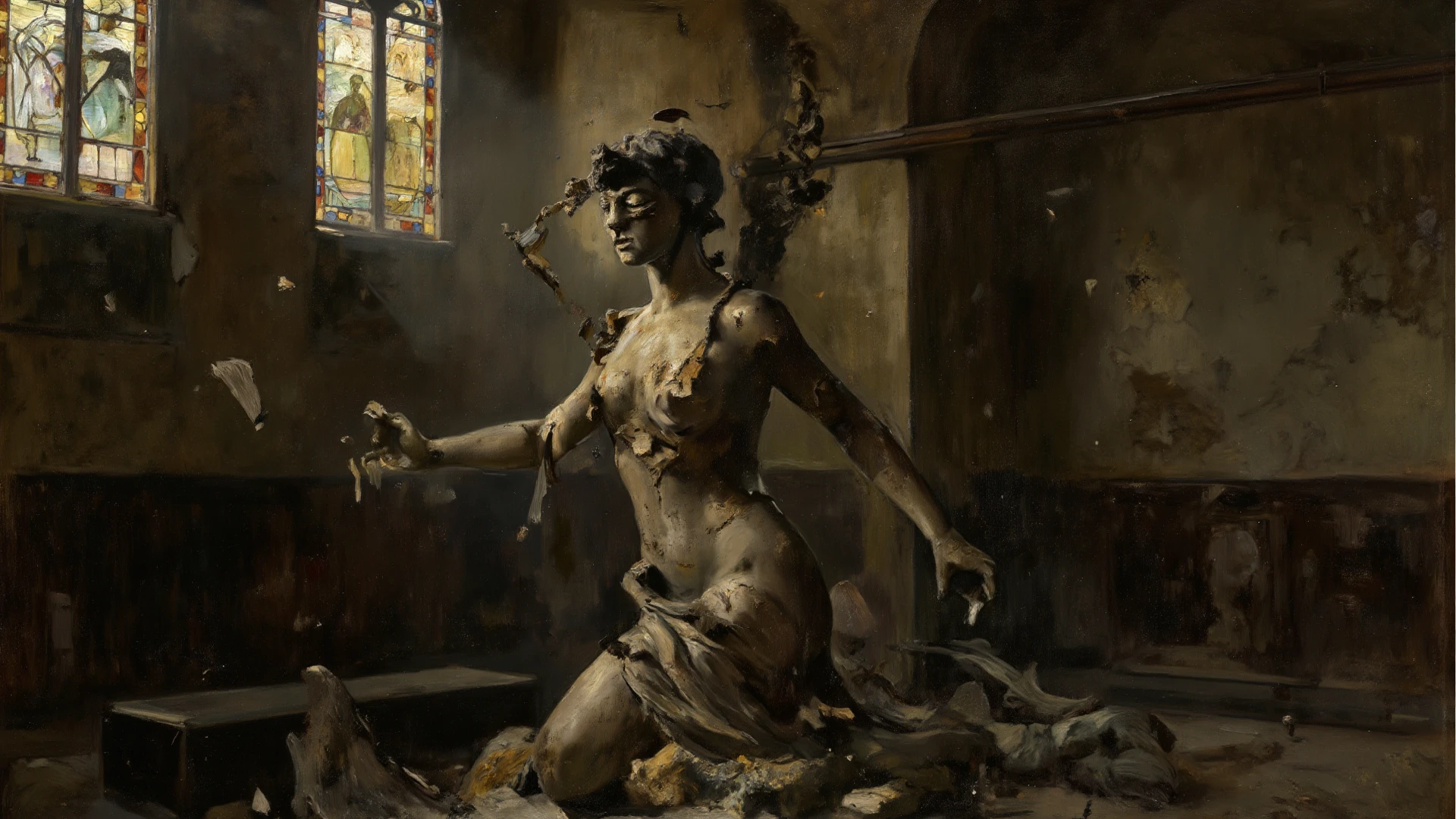 Cel-shaded anime style,A nude girl statue made of yellow stone,whole body,Realistic stone statue,Cracked,Stone Skin,Broken right leg,Beautiful ,Sculpture of hair,Completely naked,Stone Eyes