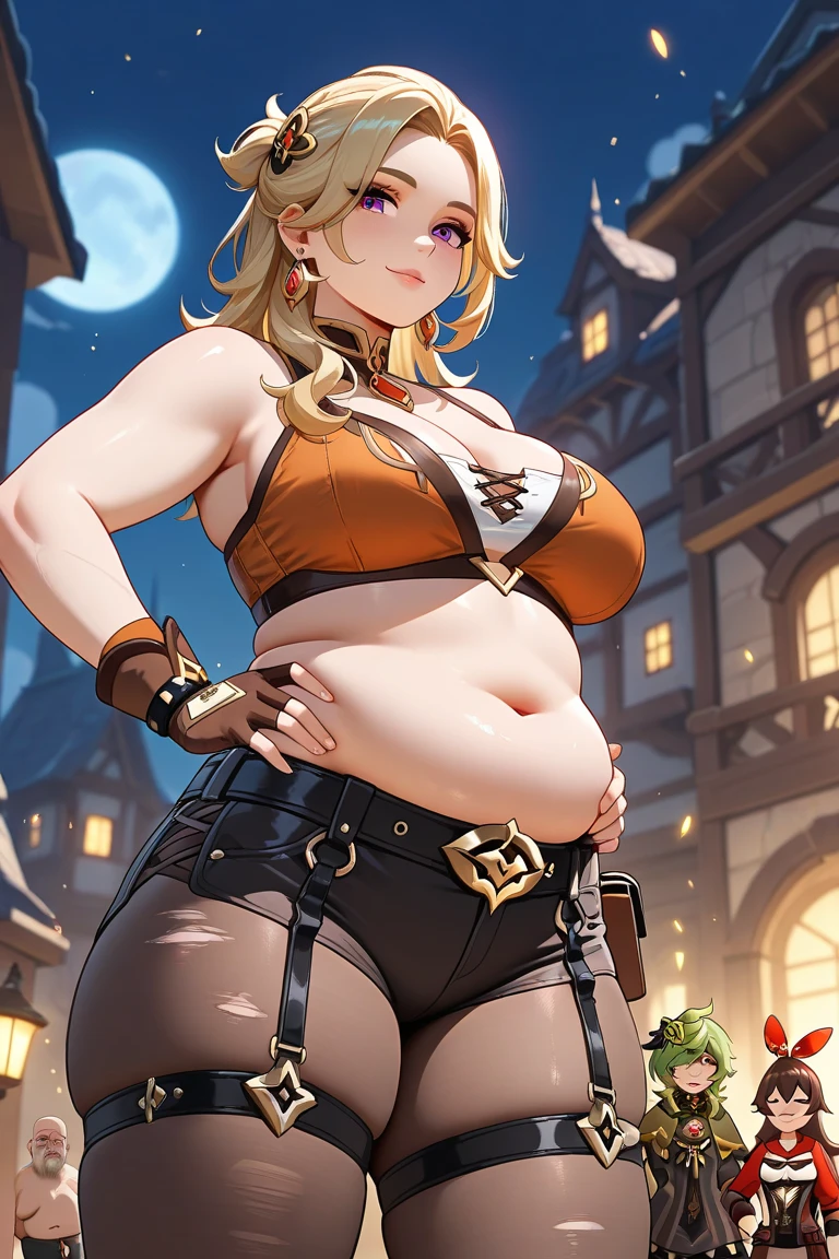 1girl, beautiful, (masterpiece:1.2), (best quality:1.2), big belly, bbw, fat, chubby belly, big belly, blushing, sweaty, fat belly, giant SSBBW belly, massive belly, extremely fat, Overfed, fat, flabby, round, pregnant, bloated, massive sagging belly, prominent stomach, super fat, hyperbelly, obese belly perfect lighting, perfect eyes, perfect face, 1girl, bikini, bikini under clothes, black bikini, black choker, black gloves, blonde hair, long flowing fluffy frizzy hair, black lips, black nails, black skirt, breasts, choker, cleavage, cropped jacket, cross, earrings, eyeliner, eyeshadow, fingerless gloves, gloves, hand on hip, highleg, highleg bikini, medium breasts, jacket, jewelry, lips, black lipstick, long blonde hair, makeup, microskirt, miniskirt, navel, open clothes, open jacket, blue eyes, skirt, sleeves pushed up, solo, standing, striped, striped bikini, striped thighhighs, swimsuit, thighhighs, thighs, underboob, plump lips, tree, beachside, beautiful view, lake, distant boardwalk, sitting on rock, spread legs