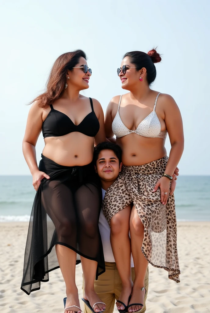 Two Indian huge Chubby lady in bikini with a young boy standing beside her at beach