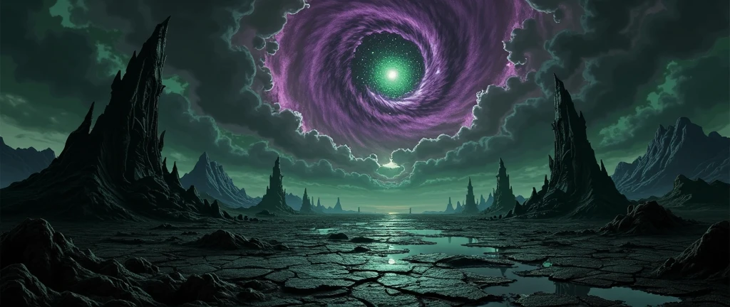A haunting, surreal wasteland under a dark, unnatural sky. The terrain is cracked and lifeless, a cursed mirror of a soul. The sky above is a flowing mass of liquid gray and sickly green shadows, absorbing the eye like living ink. Dimensional fractures tear through the sky, leaking reversed auroras in shades of purple and deep green: rivers of black fire, upward-drifting poisonous mist, and stardust spirals unraveling in reverse.
Ruins float in the air — broken staircases leading nowhere, twisted towers hanging sideways in the sky, rusted railings suspended without structure. The entire horizon warps subtly, bending in response to unseen thoughts. In the far distance, dead stars and broken moons drift in a silent, violet void.
Lighting is low and eerie, dominated by purples, deep greens, and spectral grays. High detail, dark fantasy concept art, atmospheric, painterly texture, epic scale, no characters.