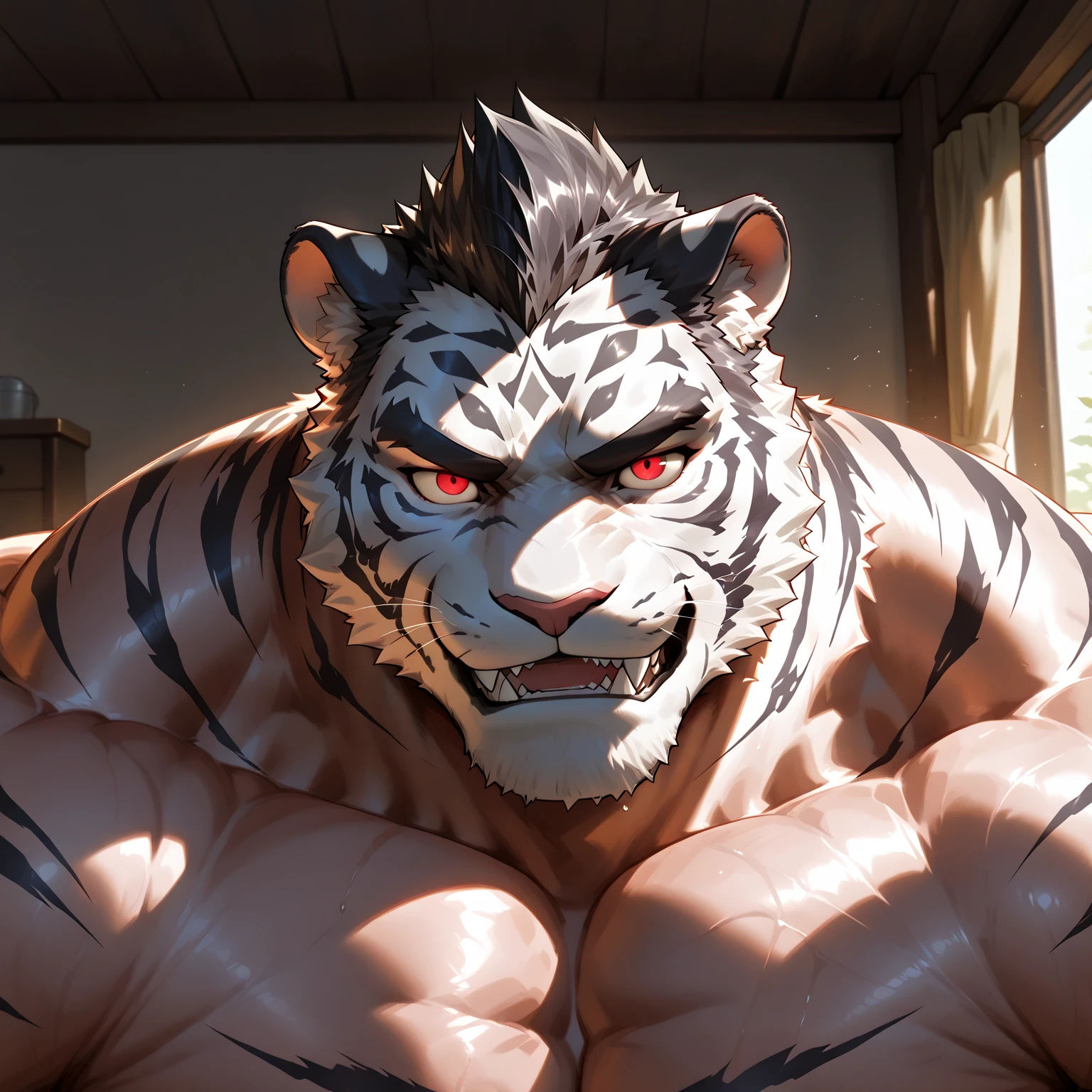 furry, anthro, male, ((solo)), white tiger, tiger, white fur, white skin, tiger pattern, huge body,(cute:1.8)
(((((by luwei, by rossciaco, by kumayaki)))by null-ghost, by estper, by sollyz, by takemoto_arashi, by milkytiger1145)) (by bakemonoy, by istani, by hyaku:0.5)
(((high detail:1.2, absurd res, good anatomy, eye highlight)))
(mature, masculine,Bodybuilder,strong pecs,vascular veins,huge pecs, manly, handsome, very smug smirk,),(bulging (biceps:1.5), bulging triceps, massive lats:1.5),(Flexing),((detailed eyes, black thick eyebrows)),
nude, nsfw, ((face focus, icon style, open mouth, tongue out, cute smile)) (saliva, bodily fluid)
blush, ((bedroom eyes, narrowed eyes)),
indoors, bedroom
((looking at viewer)), (((high angle view(from above))))