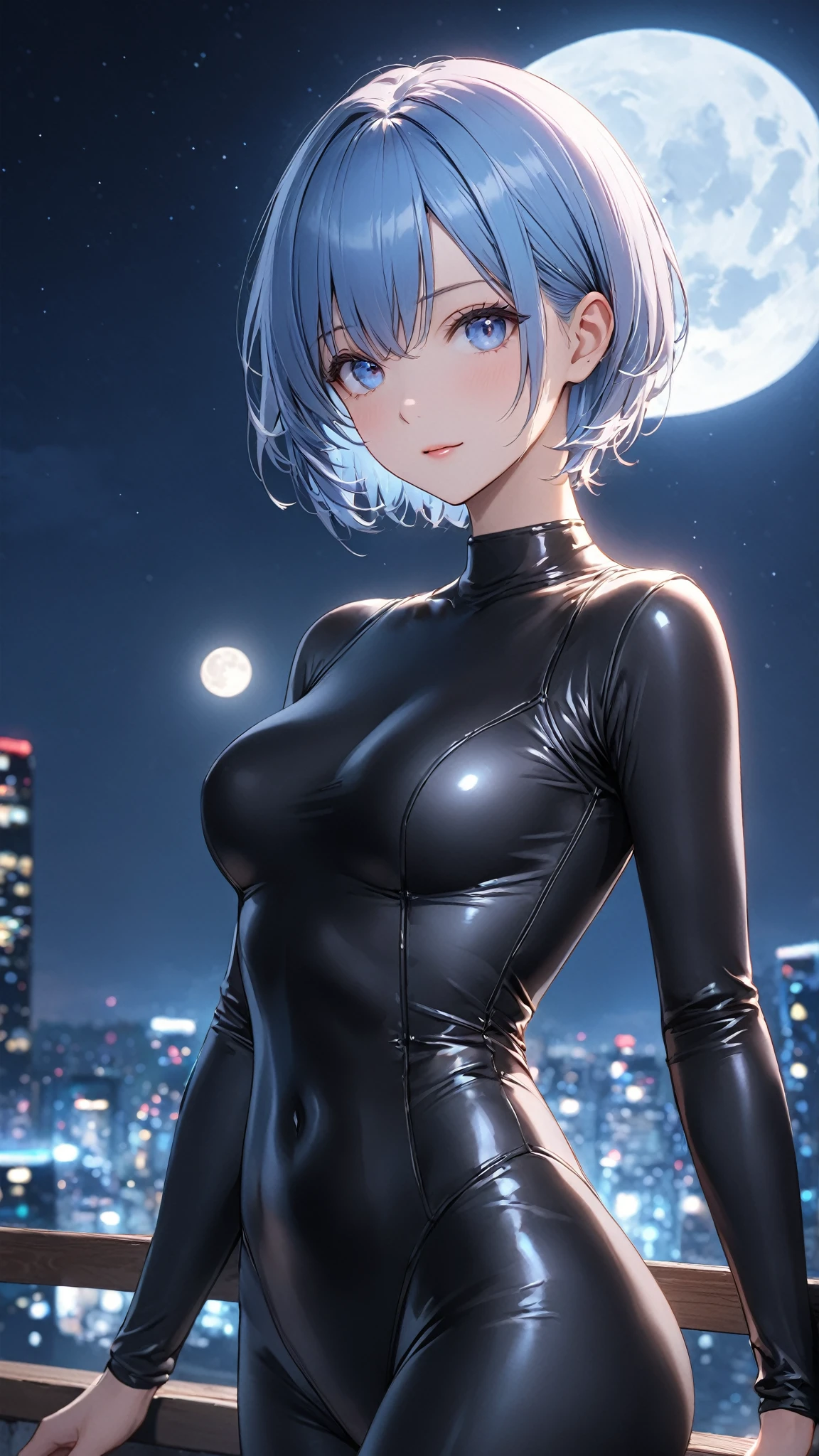 a pregirl,Lea Yabo,ayanami rei,blue short hair,Proud figure,Leather jumpsuit。themoon,Upper body diagram,ultraclear,8k,high-quality picture