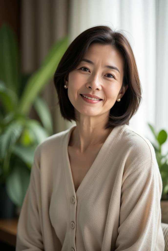 delicate　high resolution　Wife　Shortcut Hair Style　Asian Granny　Black Hair　Beautiful neckline　Beautiful posture　smile　have confidence　Left facing　healthy　
